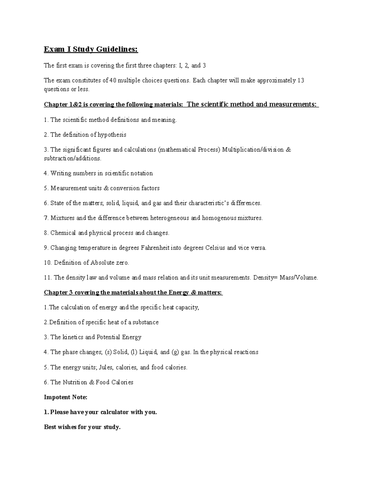 Exam I Study Guidelines for CHM101: Chapters 1-3 Overview - Studocu