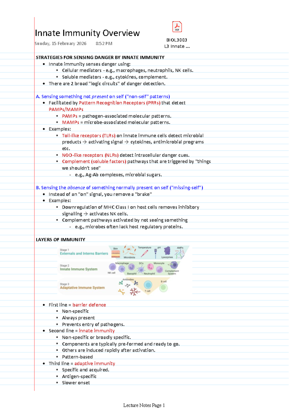 BIOL3003 L3 Final Exam Notes: Innate Immunity Overview - Studocu