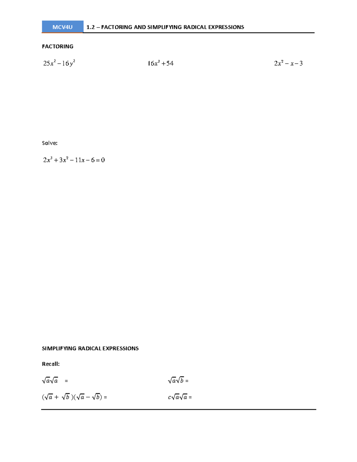 MCV4U 1.02 Factoring & Simplifying Radical Expressions - Studocu
