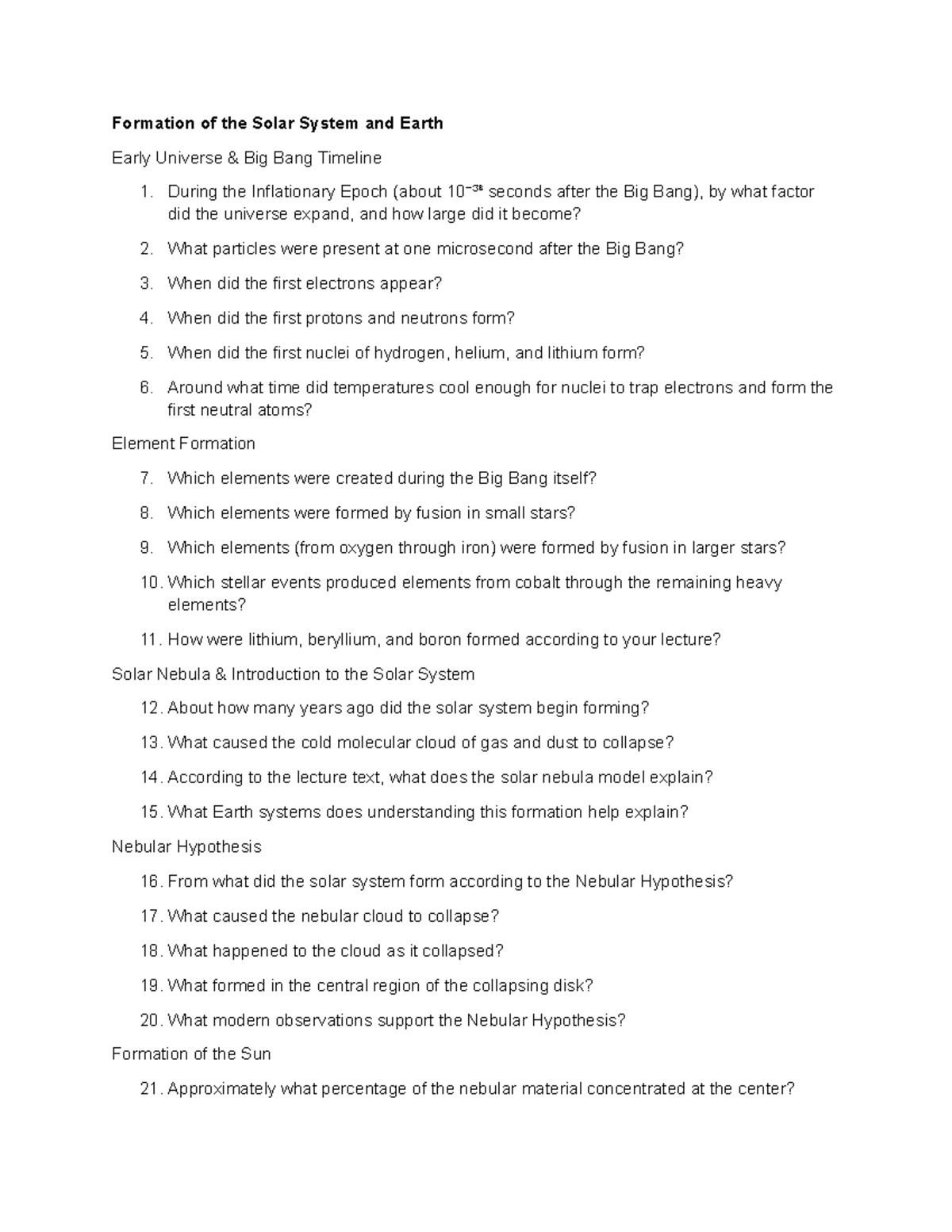 GEOL 203 Final Exam Study Guide: Formation of the Solar System and ...