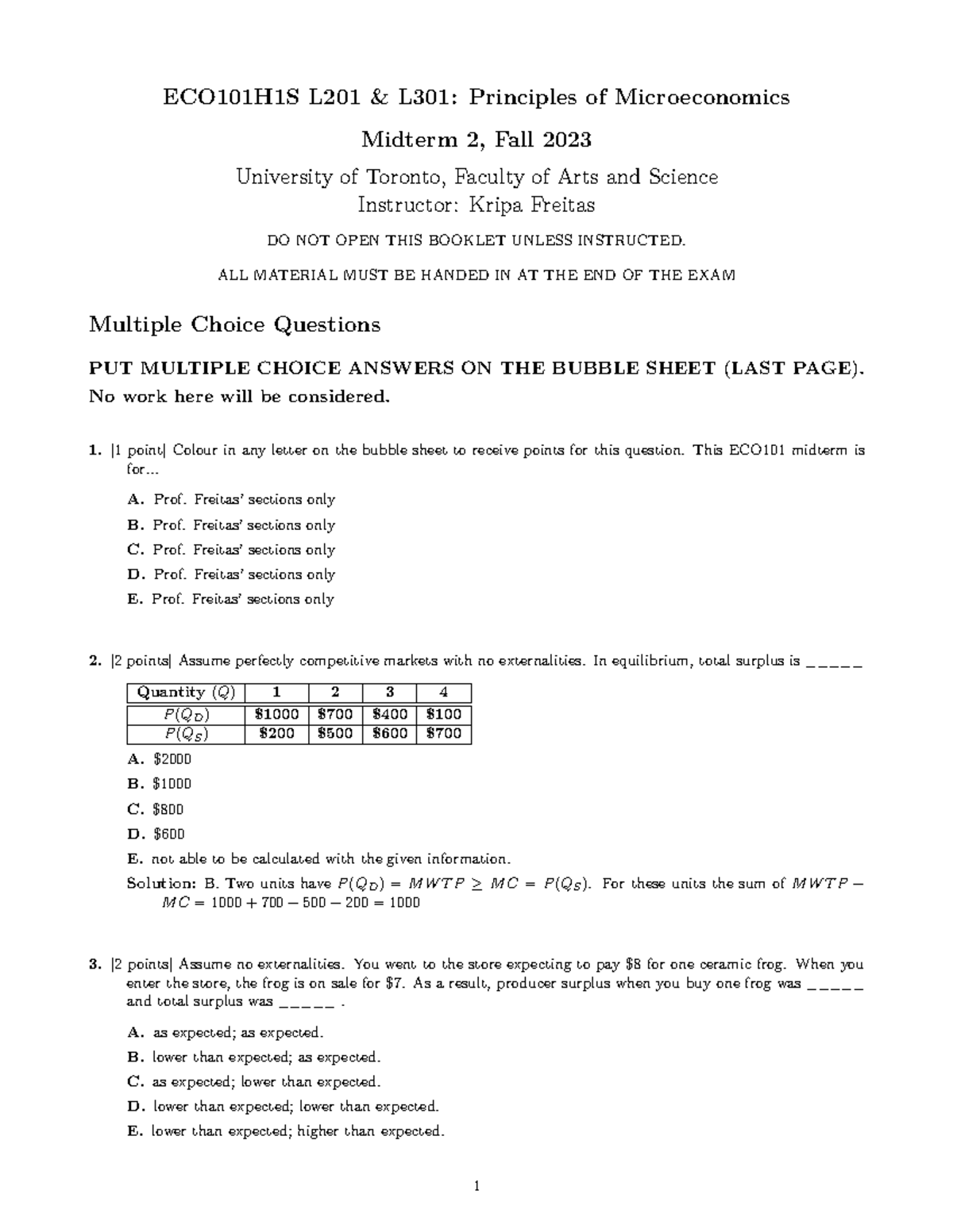 ECO101 Fall 2023 Midterm 2a Questions and Solutions - ECO101H1S L201 ...