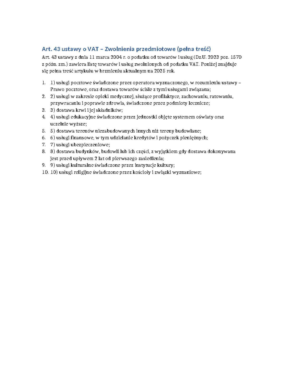 Art. 43 Ustawa o VAT: Zwolnienia Przedmiotowe - Pełna Treść 2025 - Studocu