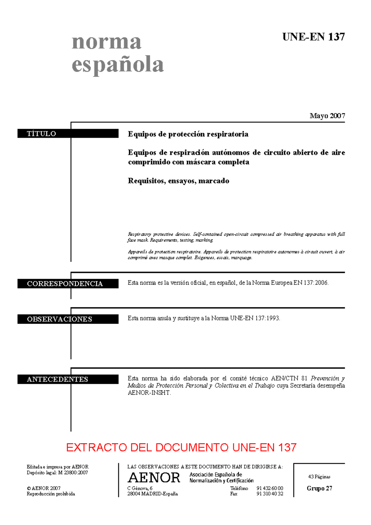 Norma UNE-EN 137: Equipos de Protección Respiratoria (2007) - Studocu
