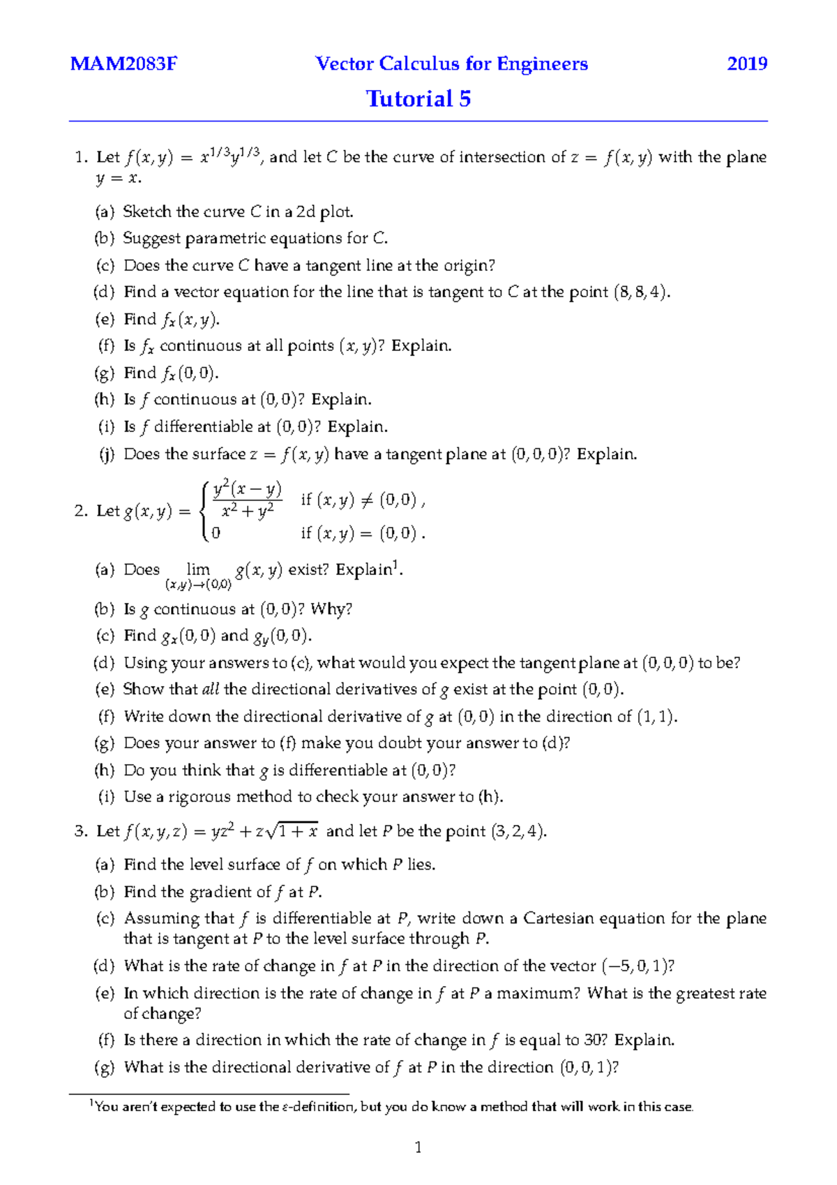 MAM2083F Vector Calculus for Engineers 2019 Tutorial 5 Questions - Studocu