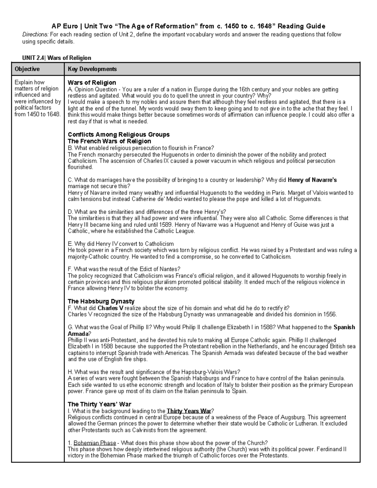 2.4 Reading Guide - Notes - AP Euro | Unit Two “The Age of Reformation ...