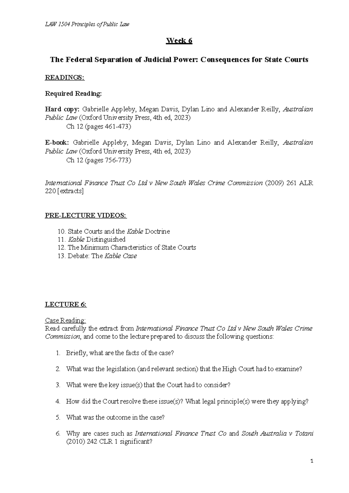 LAW 1504 Principles of Public Law Week 6: Judicial Power & State Courts ...