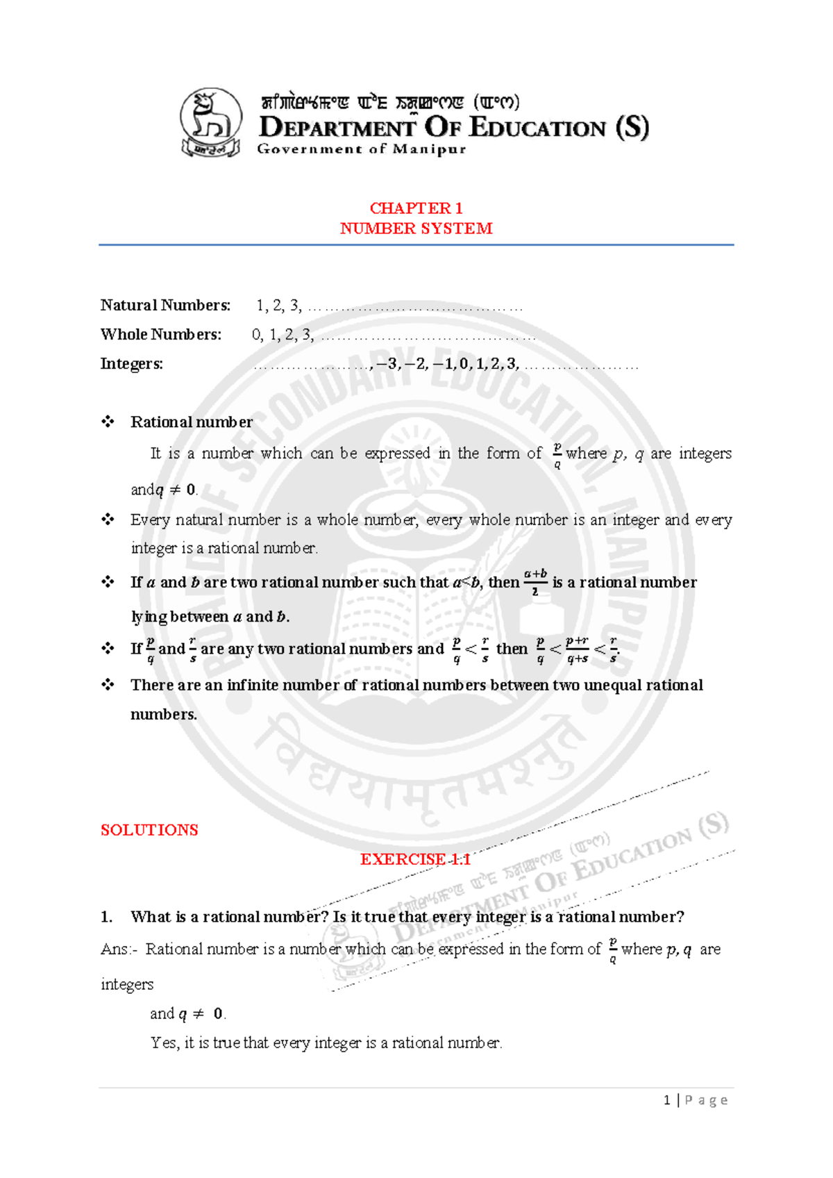 CH - 1 NUMBER SYSTEM: Natural & Rational Numbers in Cl - IX Maths - Studocu