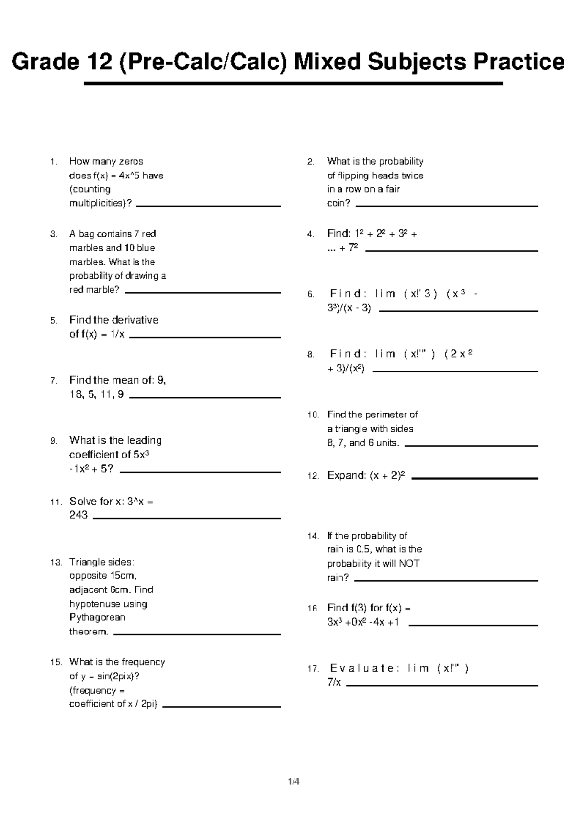 Calc) Grade 12 Mixed Subjects Practice 10 - Studocu