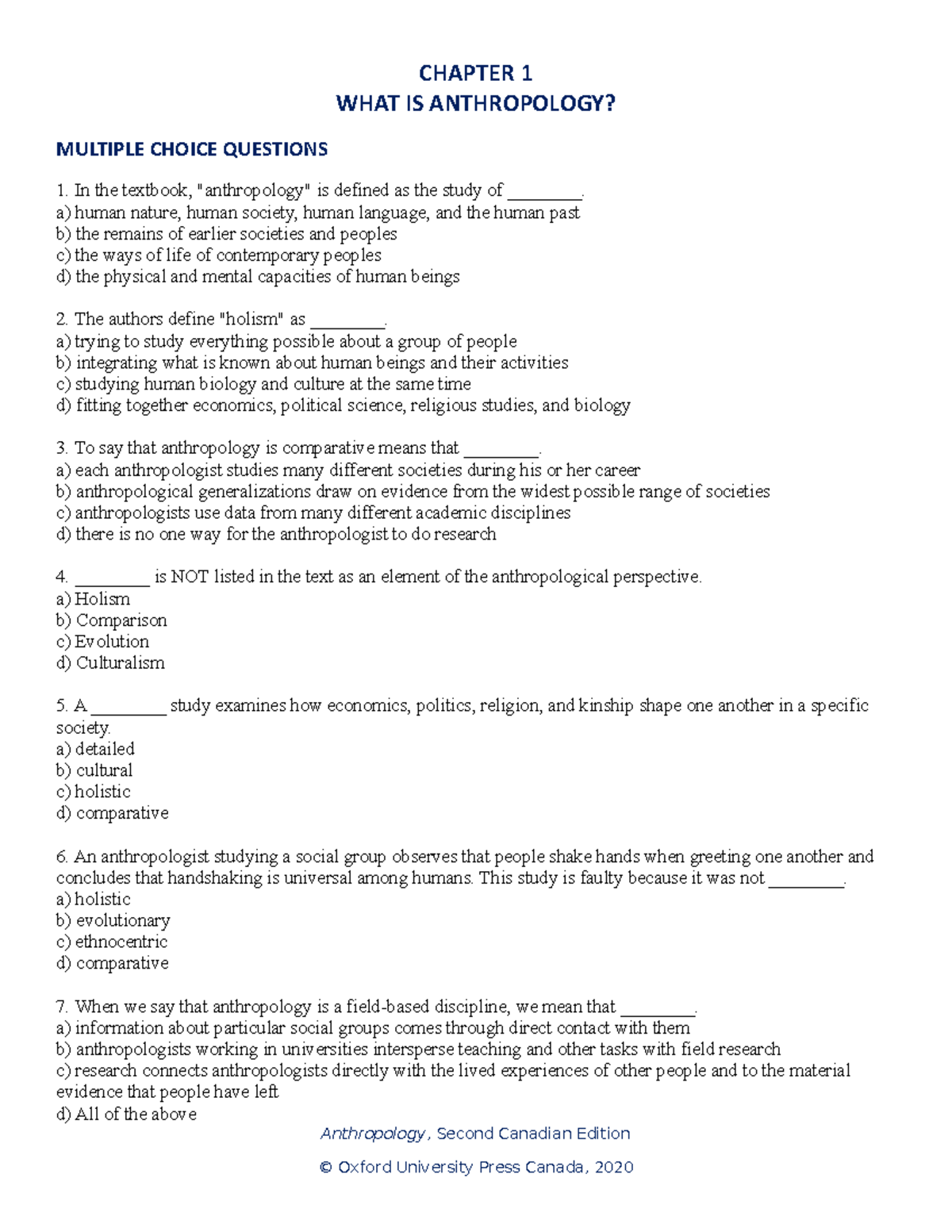 Test Bank Ch01 - Test Bank Ch01 - CHAPTER 1 WHAT IS ANTHROPOLOGY ...