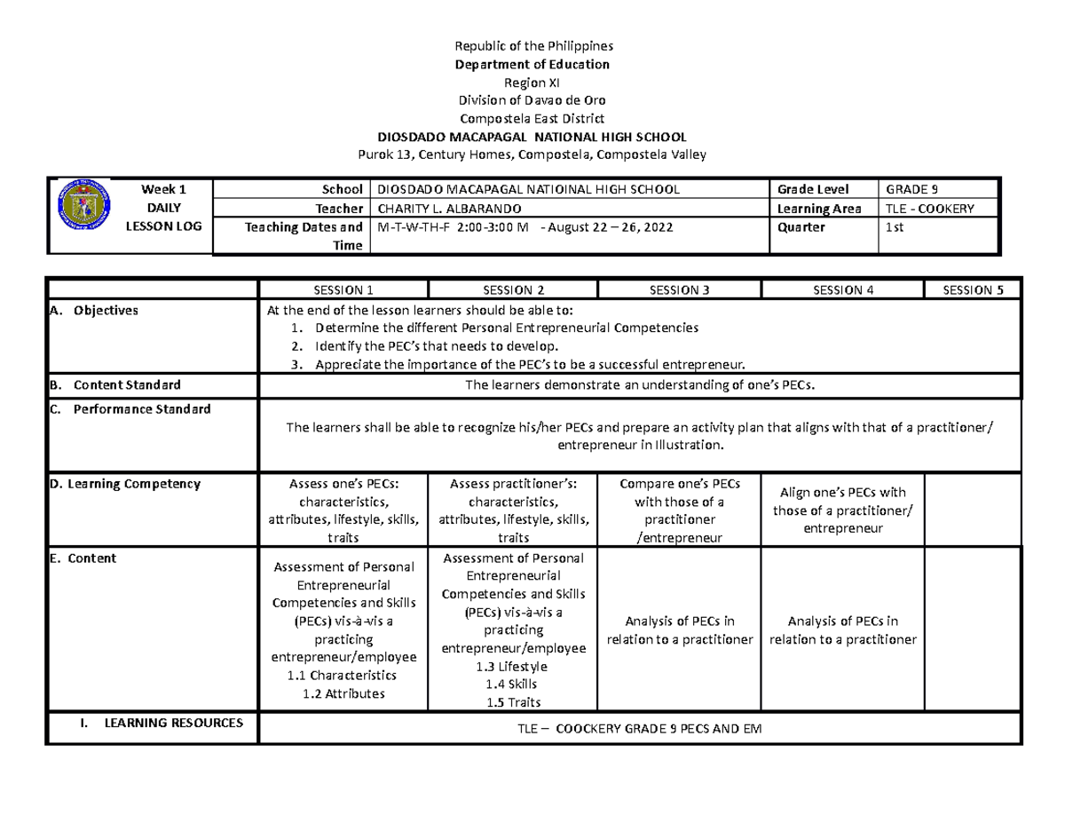 TLE 9 Cookery Week 1 Daily Lesson Log on Entrepreneurial Competencies ...