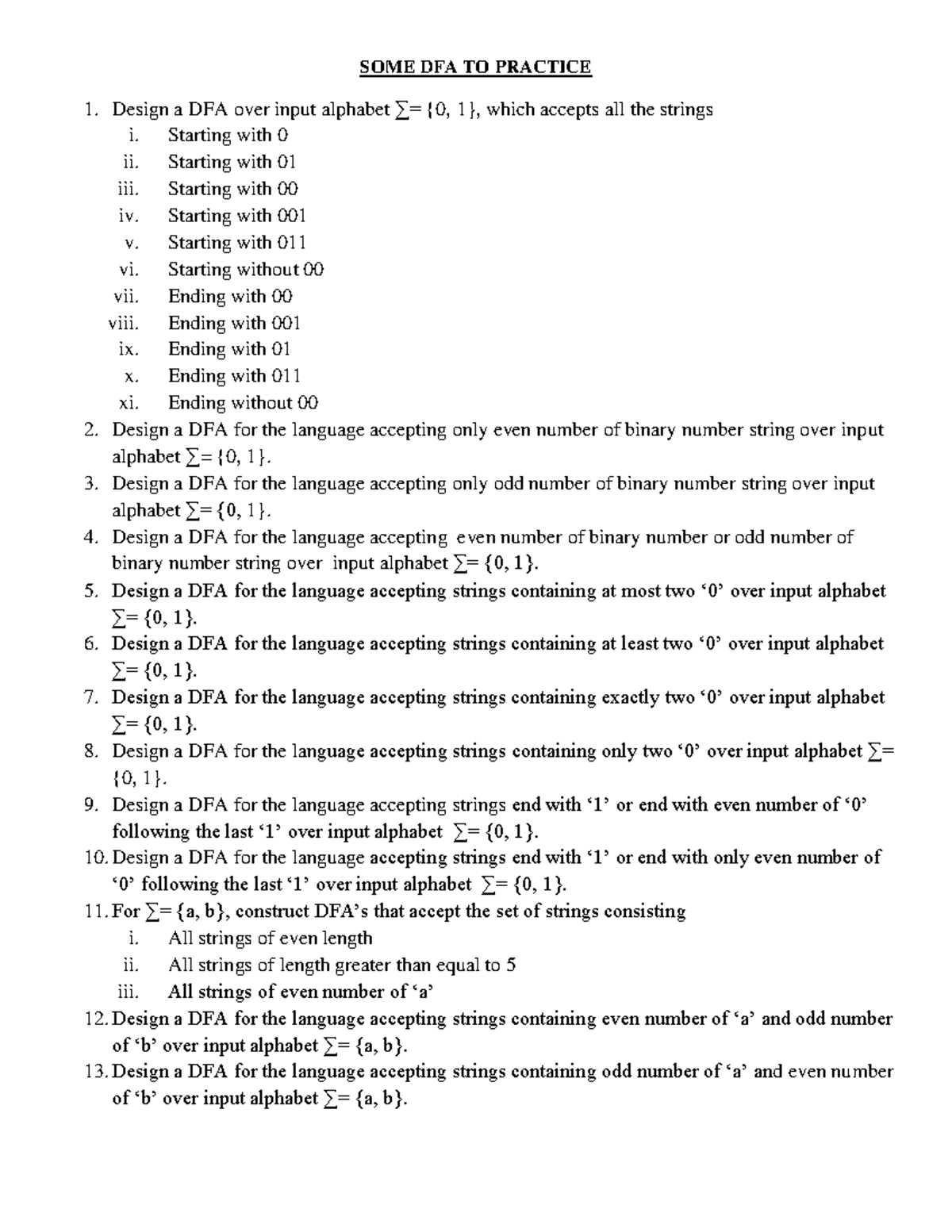 DFA - Comprehensive Practice Assignment for Finite Automata - Studocu