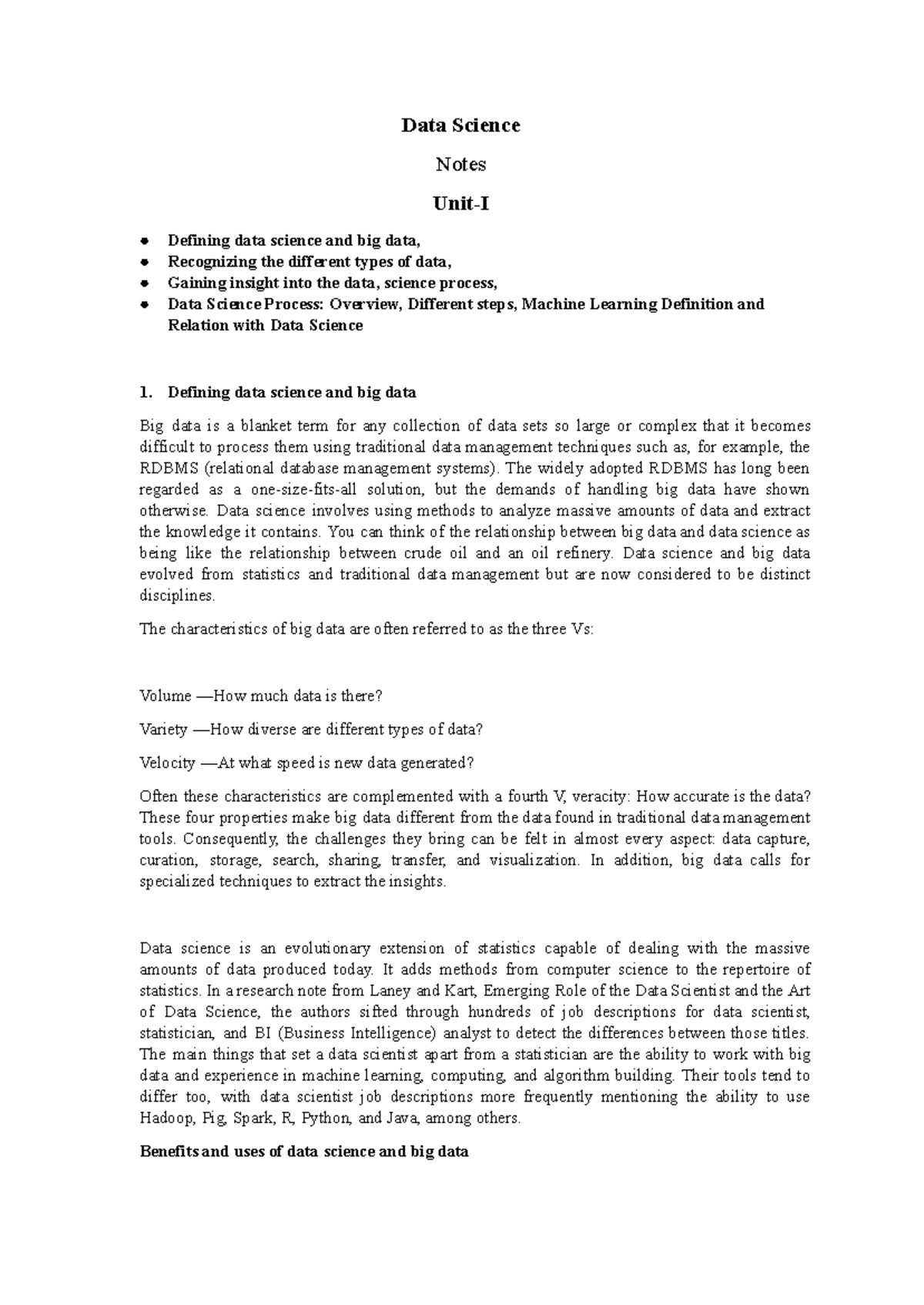Data Science Unit-1: Overview of Big Data and Machine Learning Concepts ...