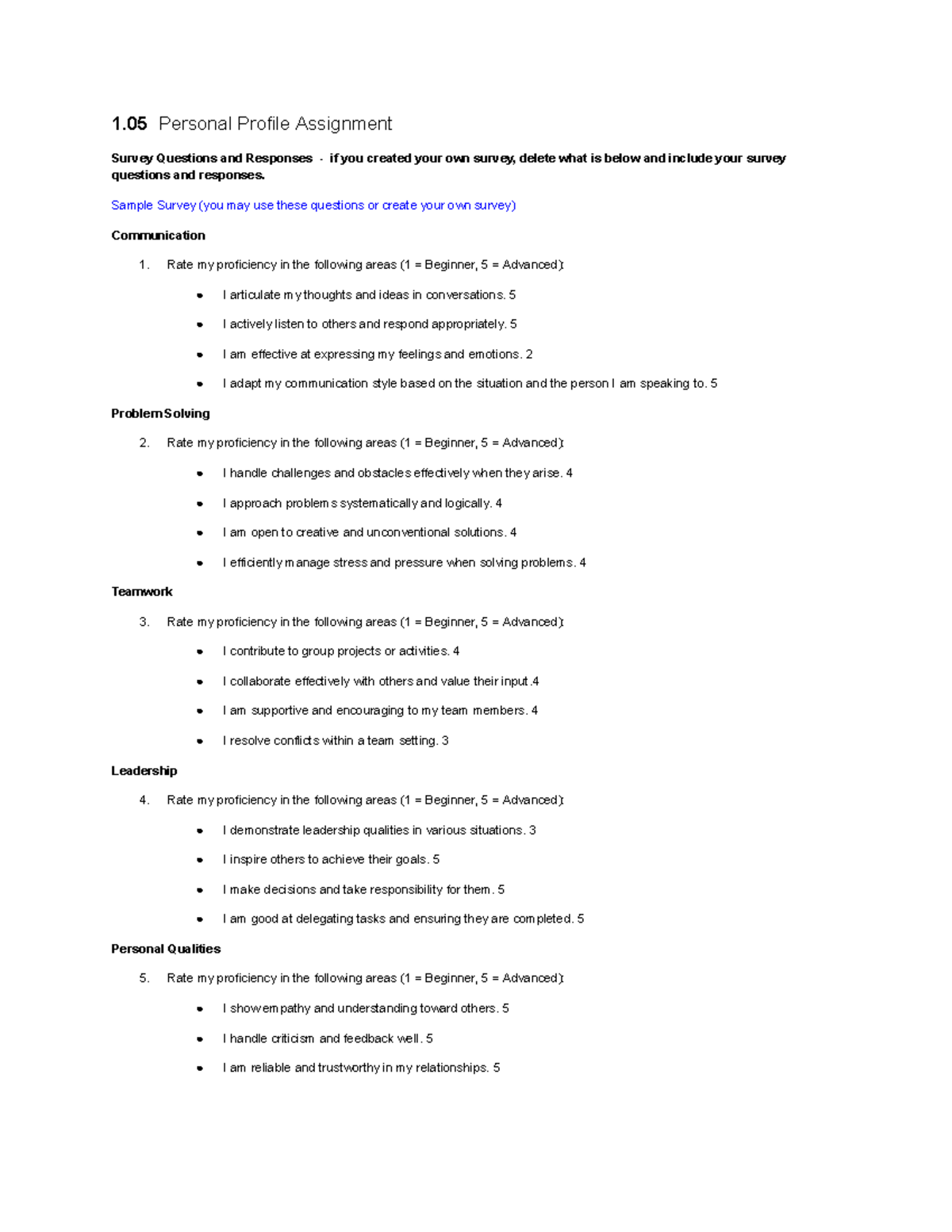 1.05 Personal Profile Assignment: Survey Questions & Responses - Studocu