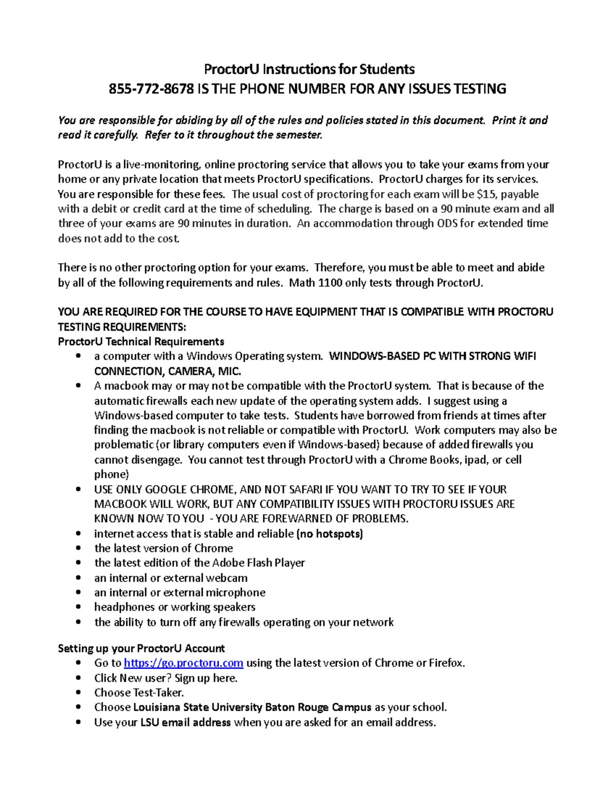 Proctor U Document - ProctorU Instructions for Students 855-772-8678 IS ...