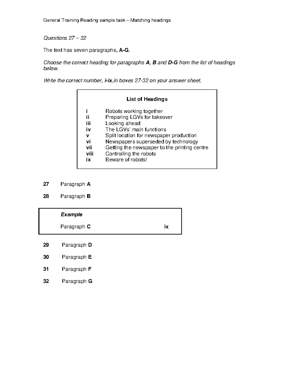 General Training Reading - Sample Task: Matching Headings for Sections ...