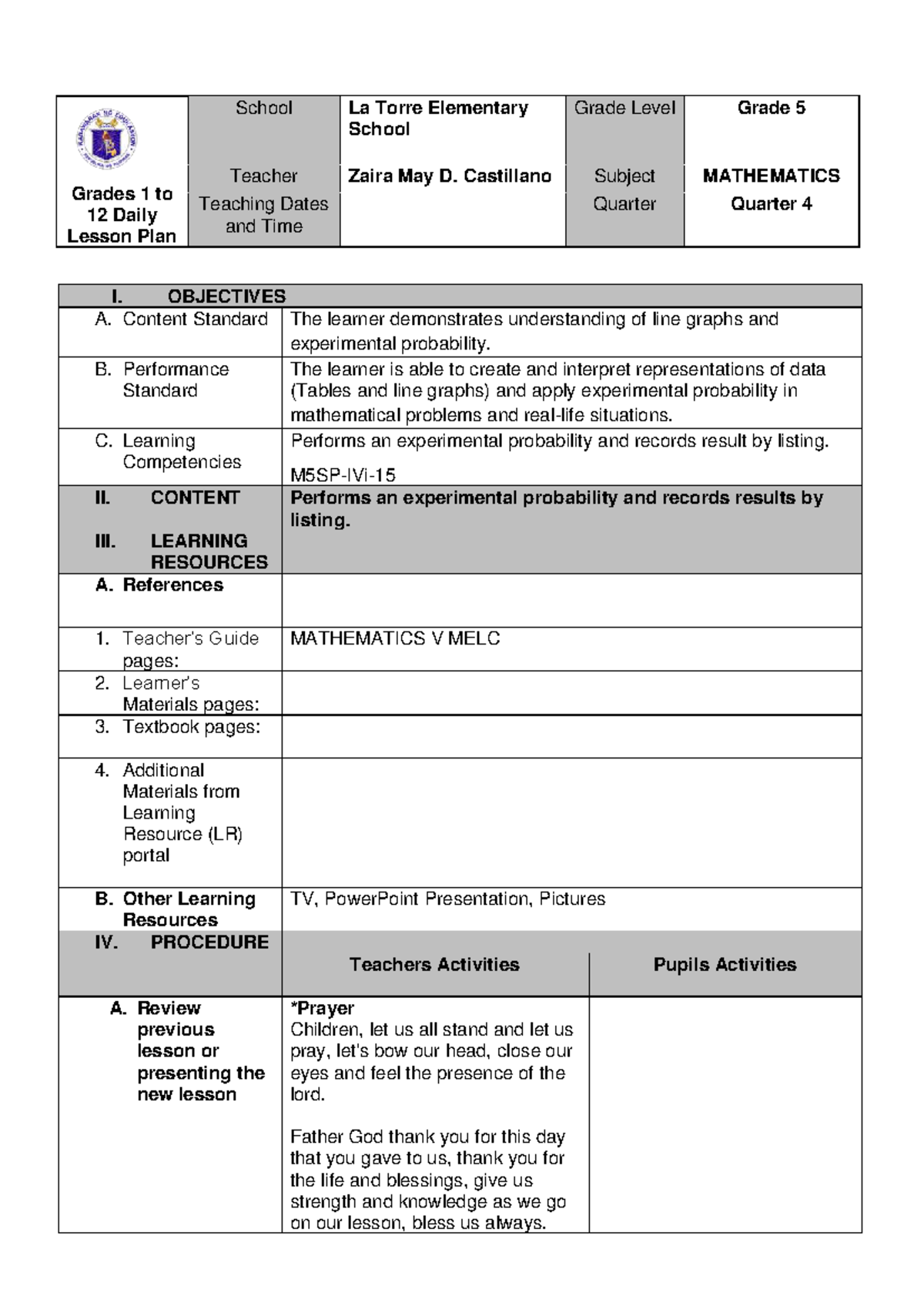 Daily lesson plan for grade 5 mathematics: Experimental probability and ...