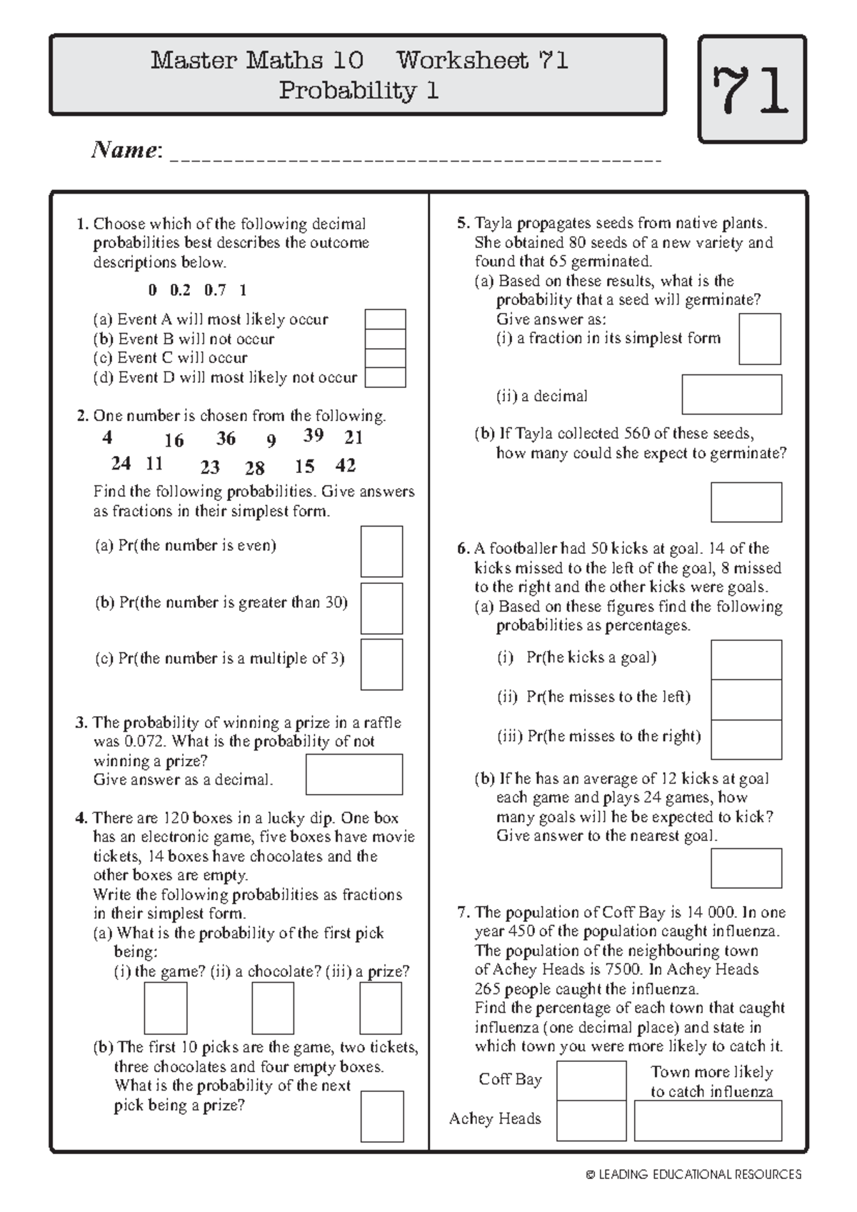 Easy probability worksheet - Ó LEADING EDUCATIONAL RESOURCES Name ...