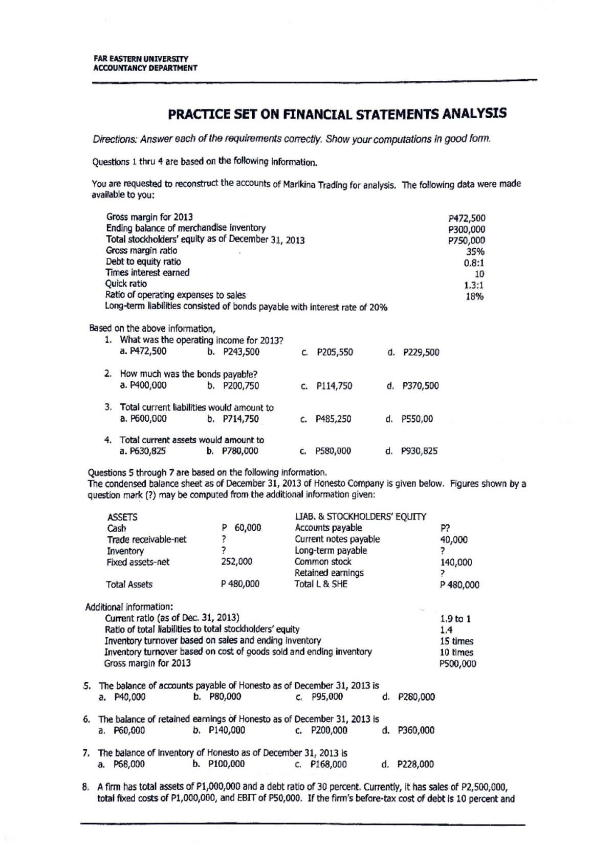FAR 101 - Topic 3: Practice Set on Financial Statement Analysis - Studocu