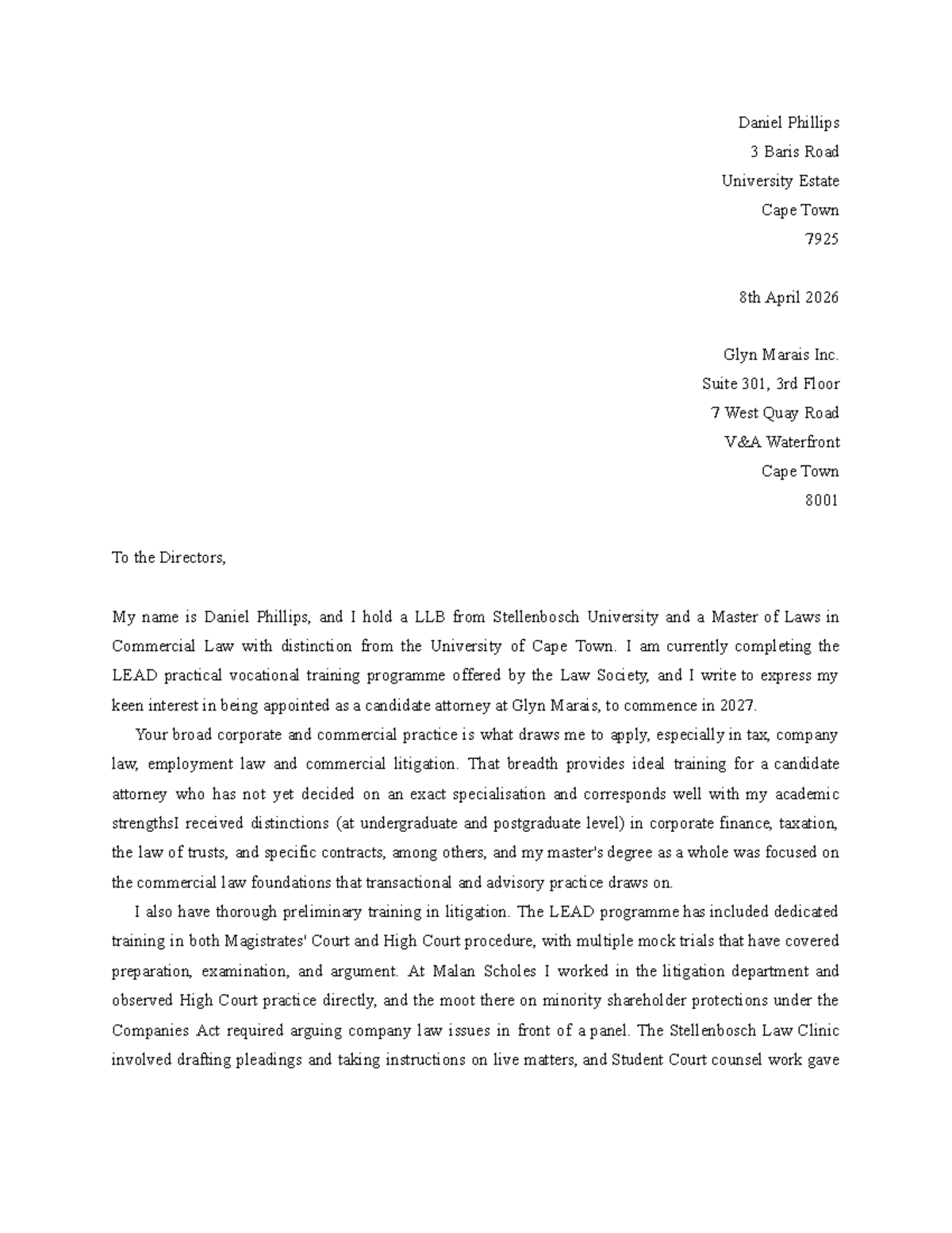 Glyn Marais LLB Candidate Attorney Application Letter - Studocu