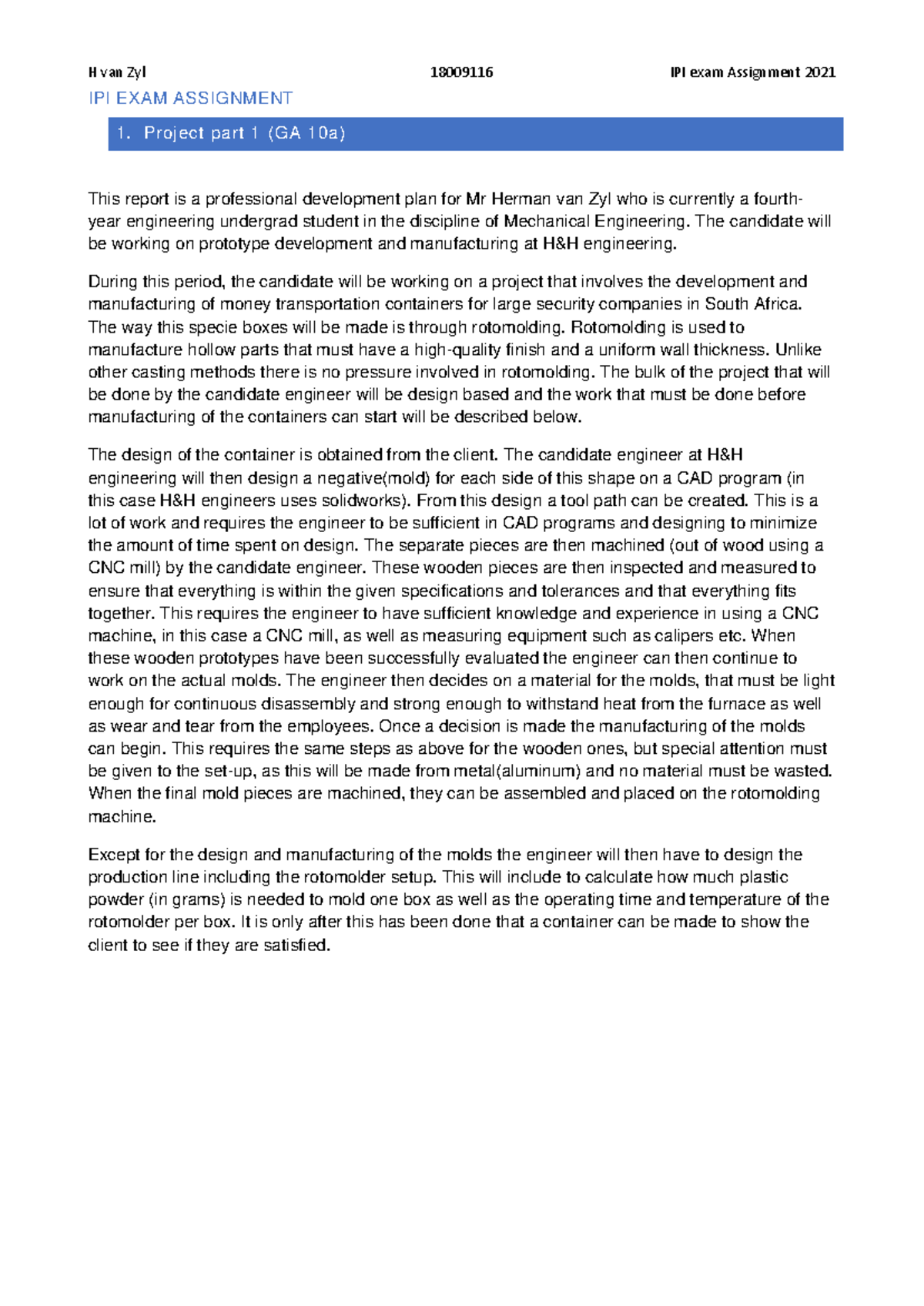 H van Zyl 18009116 IPI 410 Exam Assignment: Professional Development ...