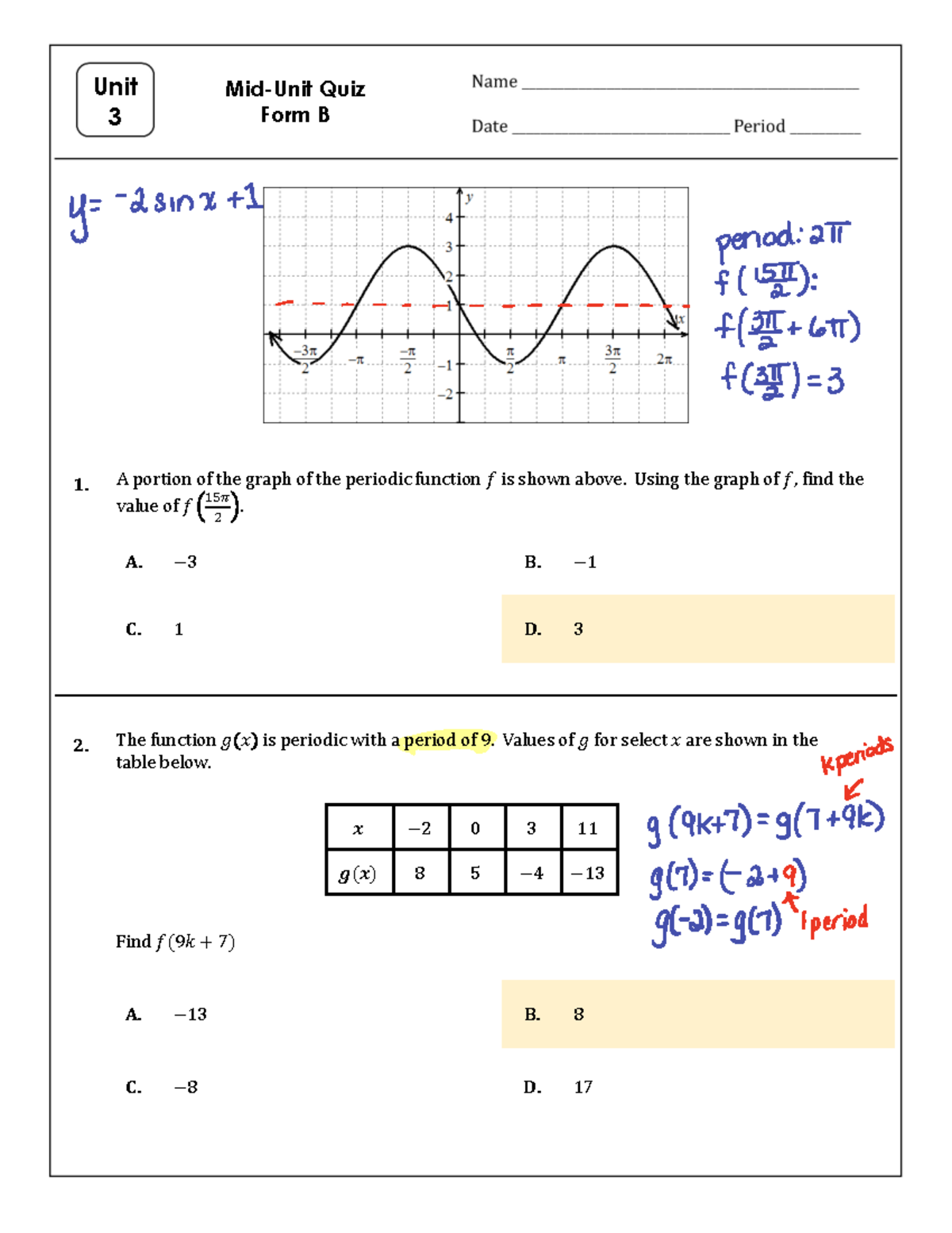 Mid Unit Quiz 3.1 3 - Periodic Functions and Sinusoidal Models - Studocu