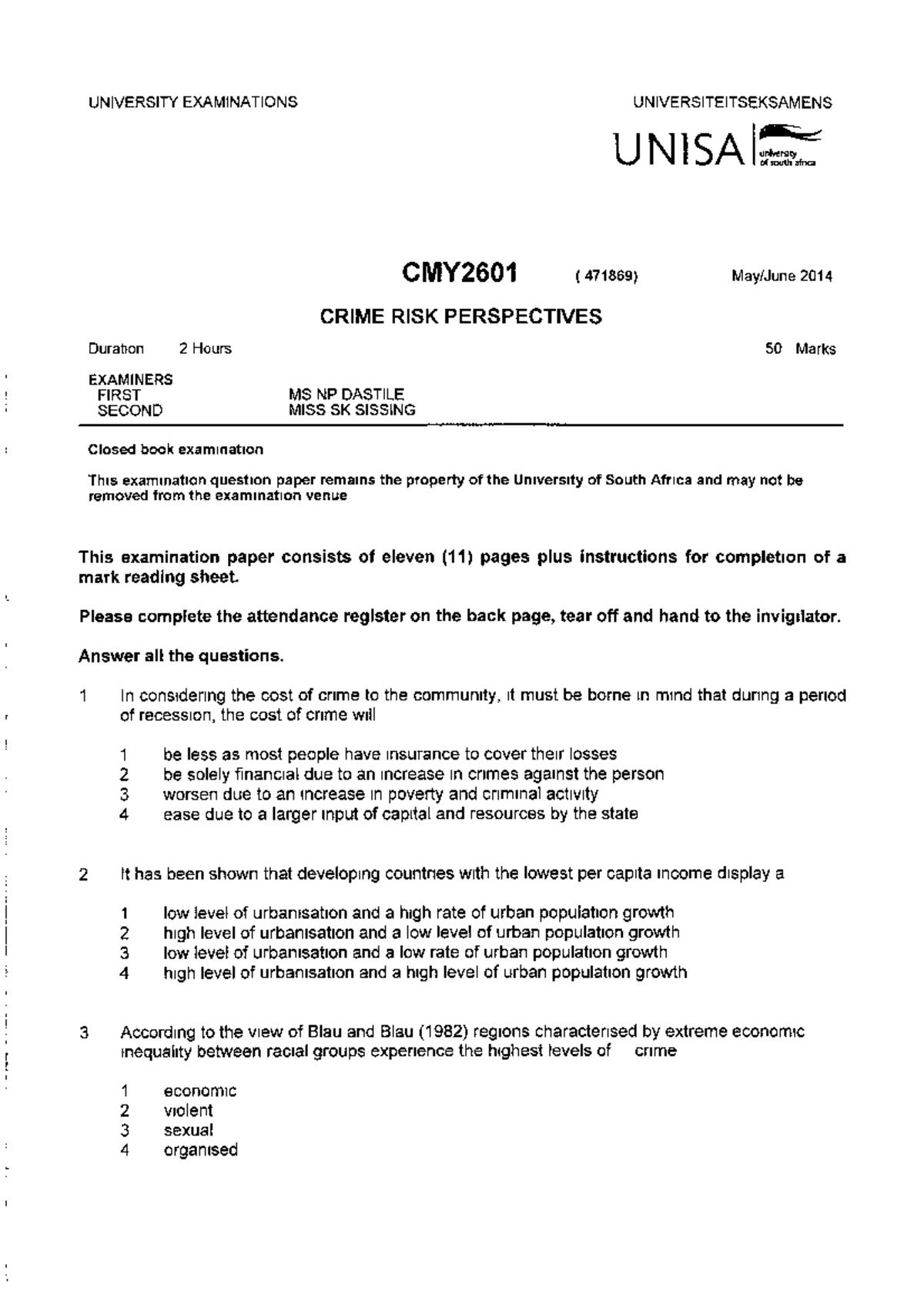 CMY2601 2014 Crime Risk Perspectives Exam Paper - Studocu