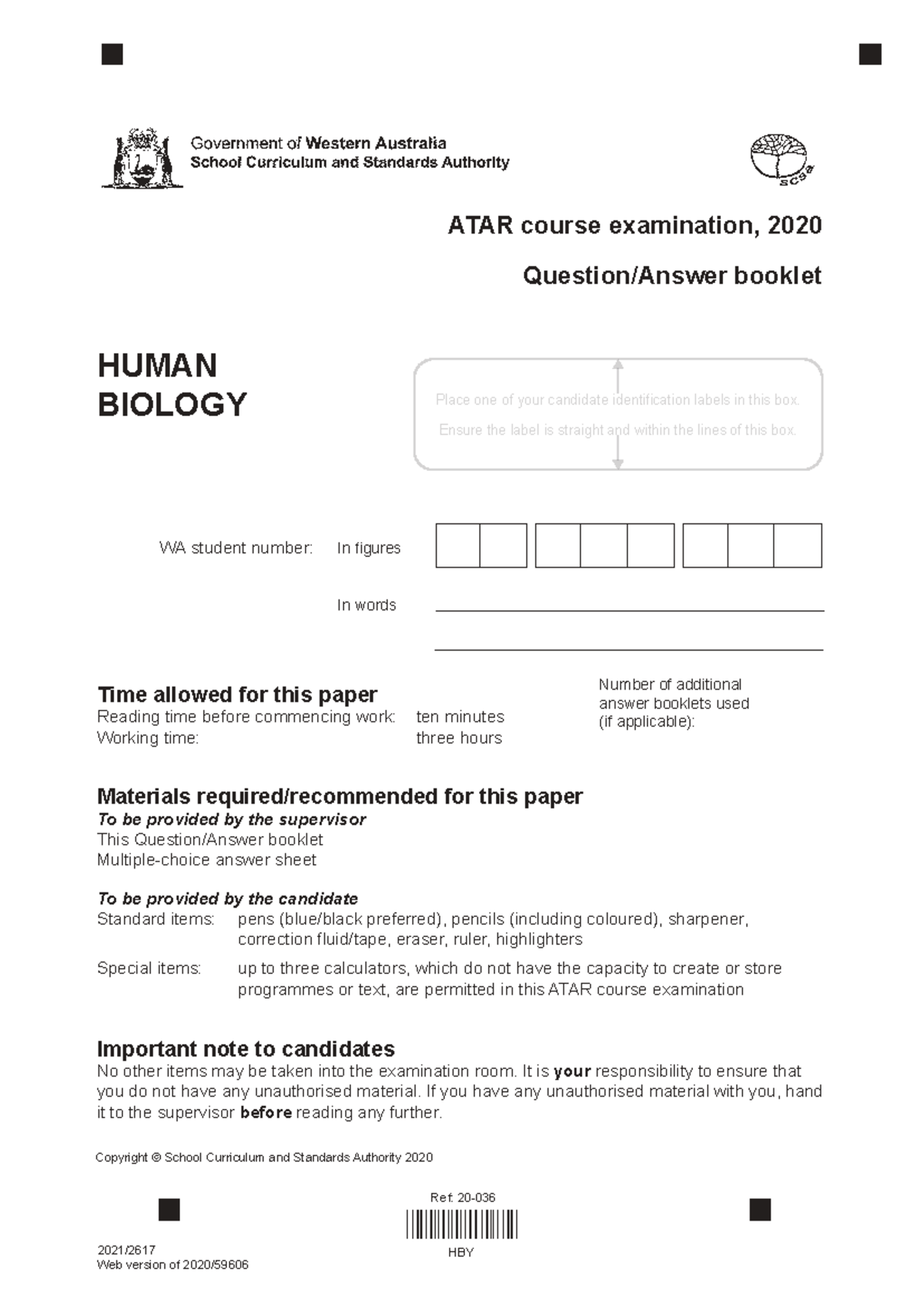 2020 ATAR HBY Exam Paper: Human Biology Examination Booklet - Studocu