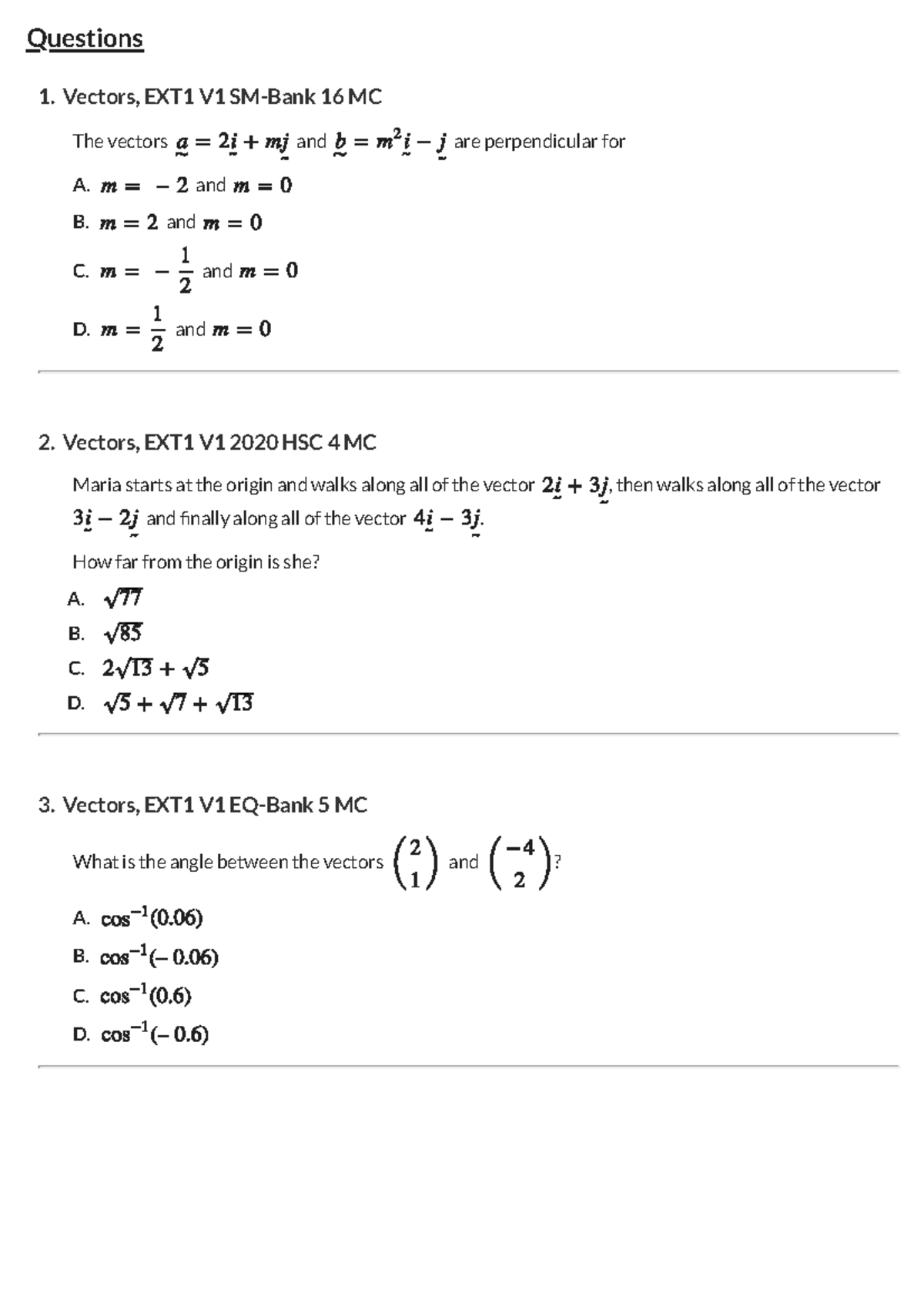 Operations with Vectors - Vectors, EXT 1 V 1 SM-Bank 16 MC Vectors, EXT ...