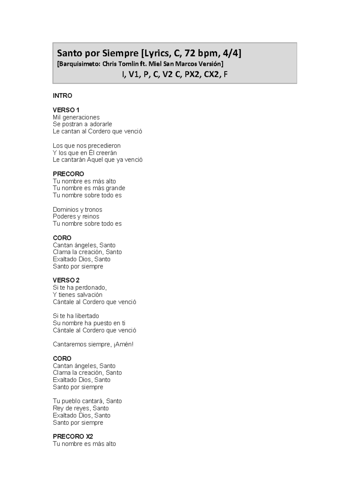 Santo Por Siempre (Holy Forever) - Chris Tomlin ft. Miel San Marcos Lyrics - Studocu