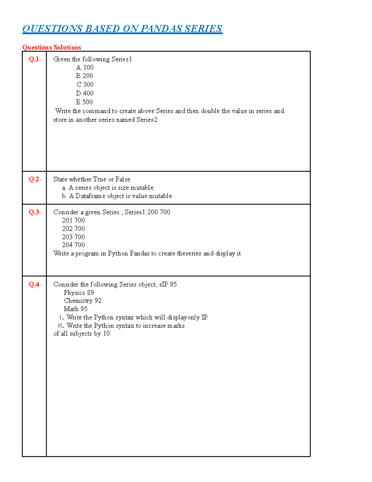 PANDAS SERIES QUESTIONS & SOLUTIONS - PYTHON PROGRAMMING - Studocu