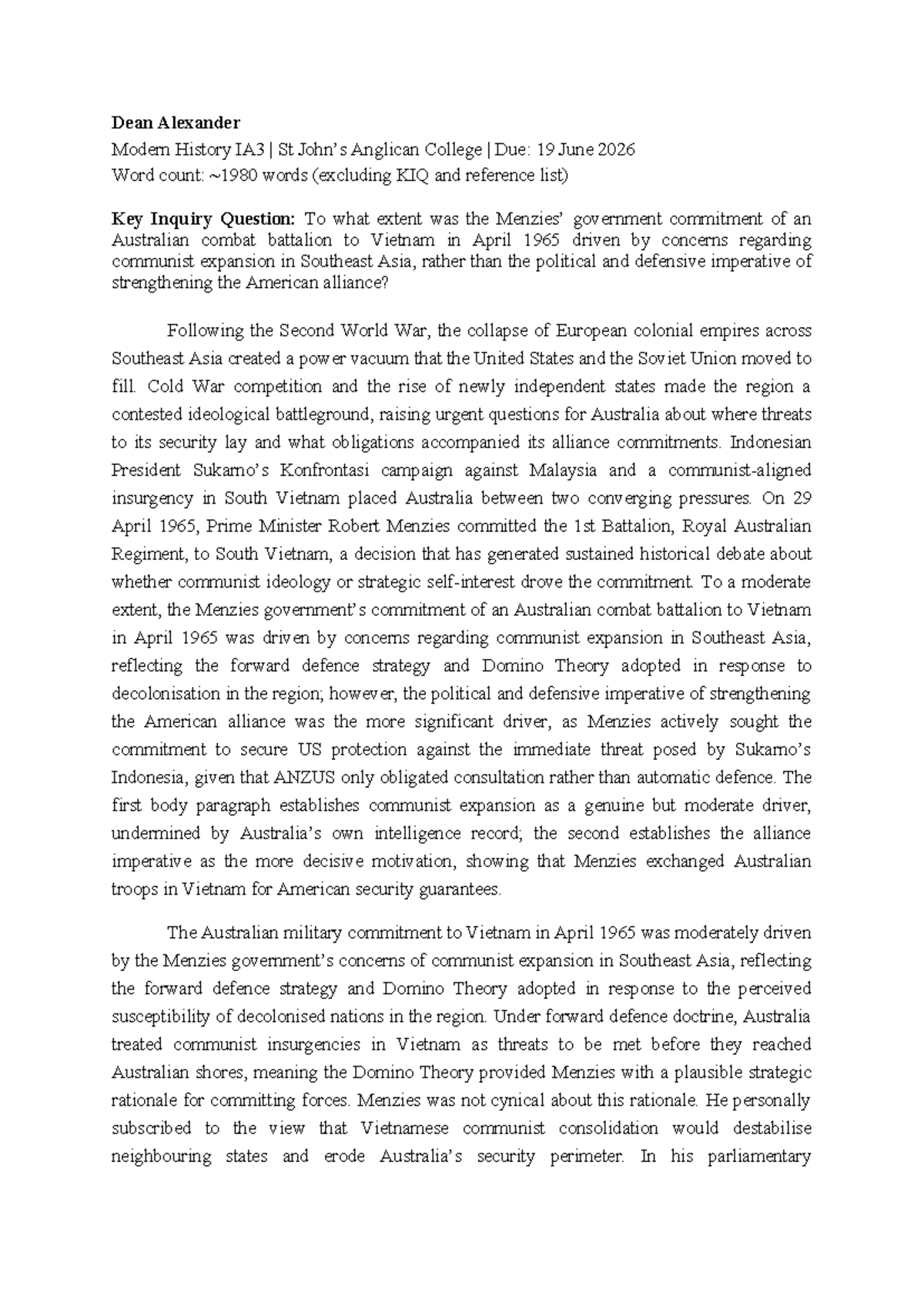 Dean Alexander Modern History IA3: Vietnam Commitment Analysis - Studocu