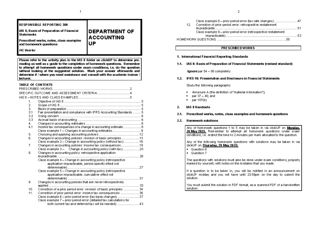 IAS 8 Prescribed Works, Notes & Homework Questions for 2025 - Studocu