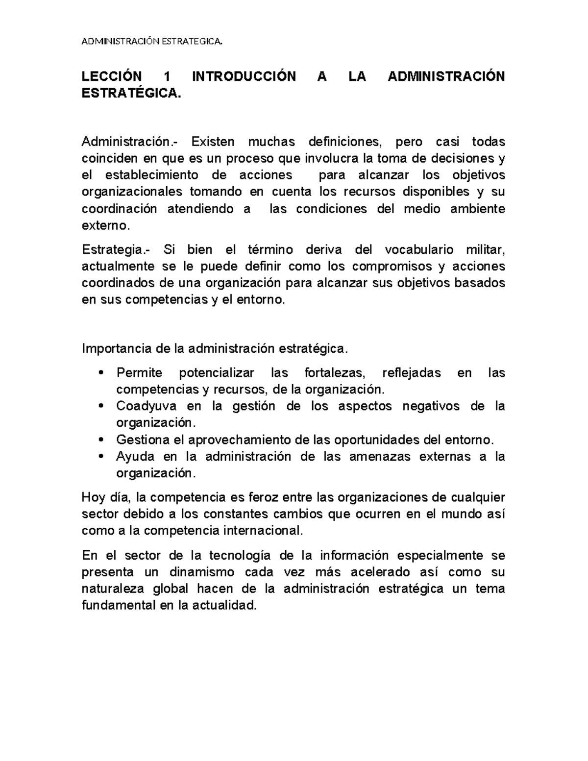 Administración Estrategica - LECCIÓN 1 INTRODUCCIÓN A LA ADMINISTRACIÓN ...
