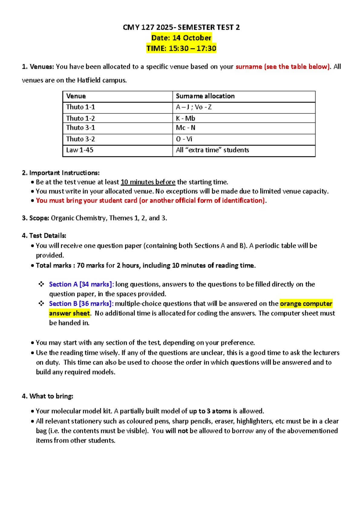 CMY 127 SEMESTER TEST 2 Guidelines and Important Details - Studocu
