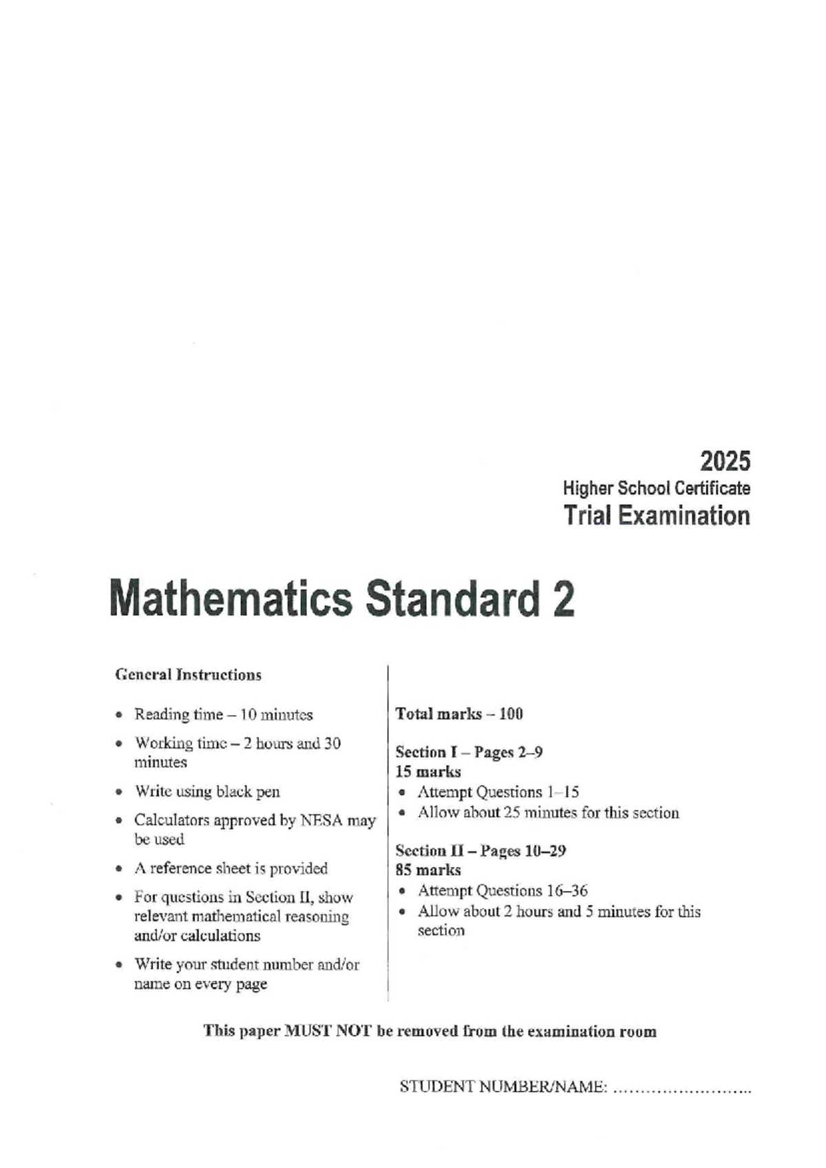 Independent Maths Std2 2025 Trial Exam Instructions and Questions - Studocu