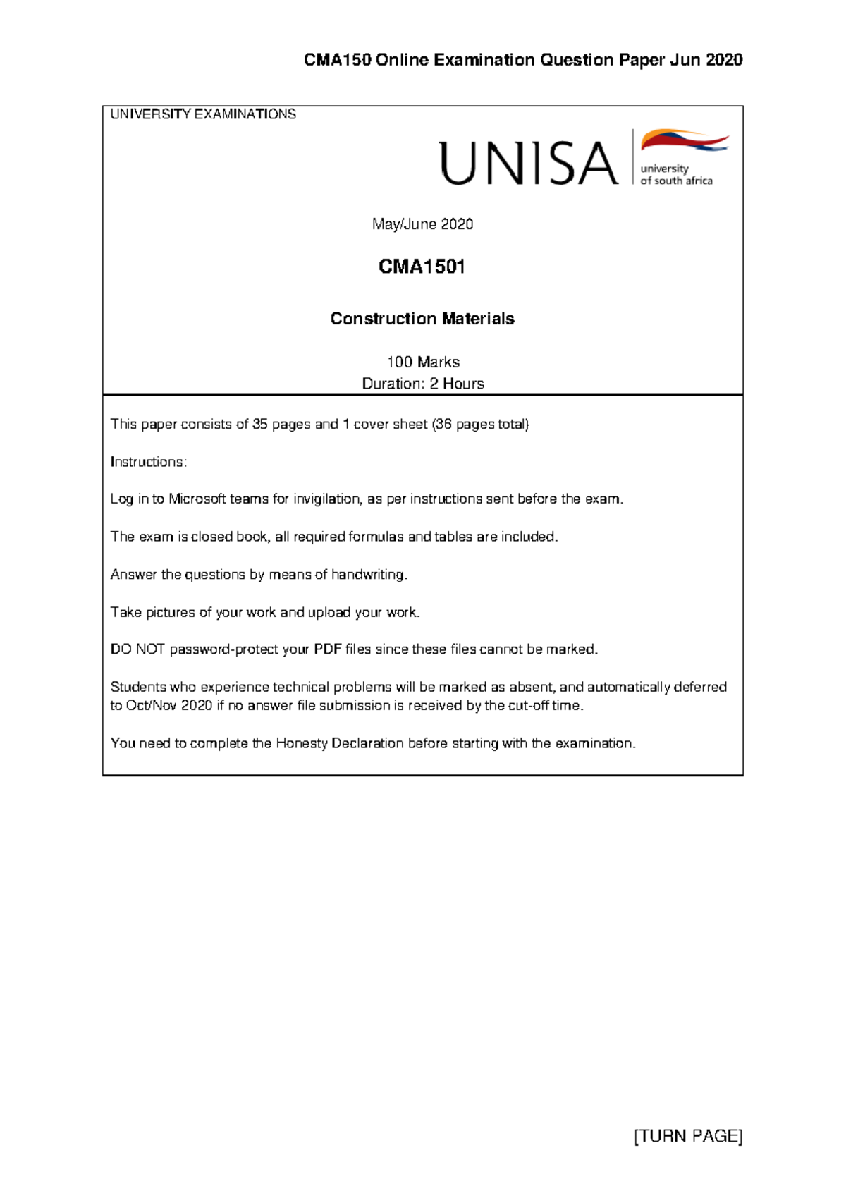 CMA1501 Final Exam Question Paper - Construction Materials 2020 - Studocu