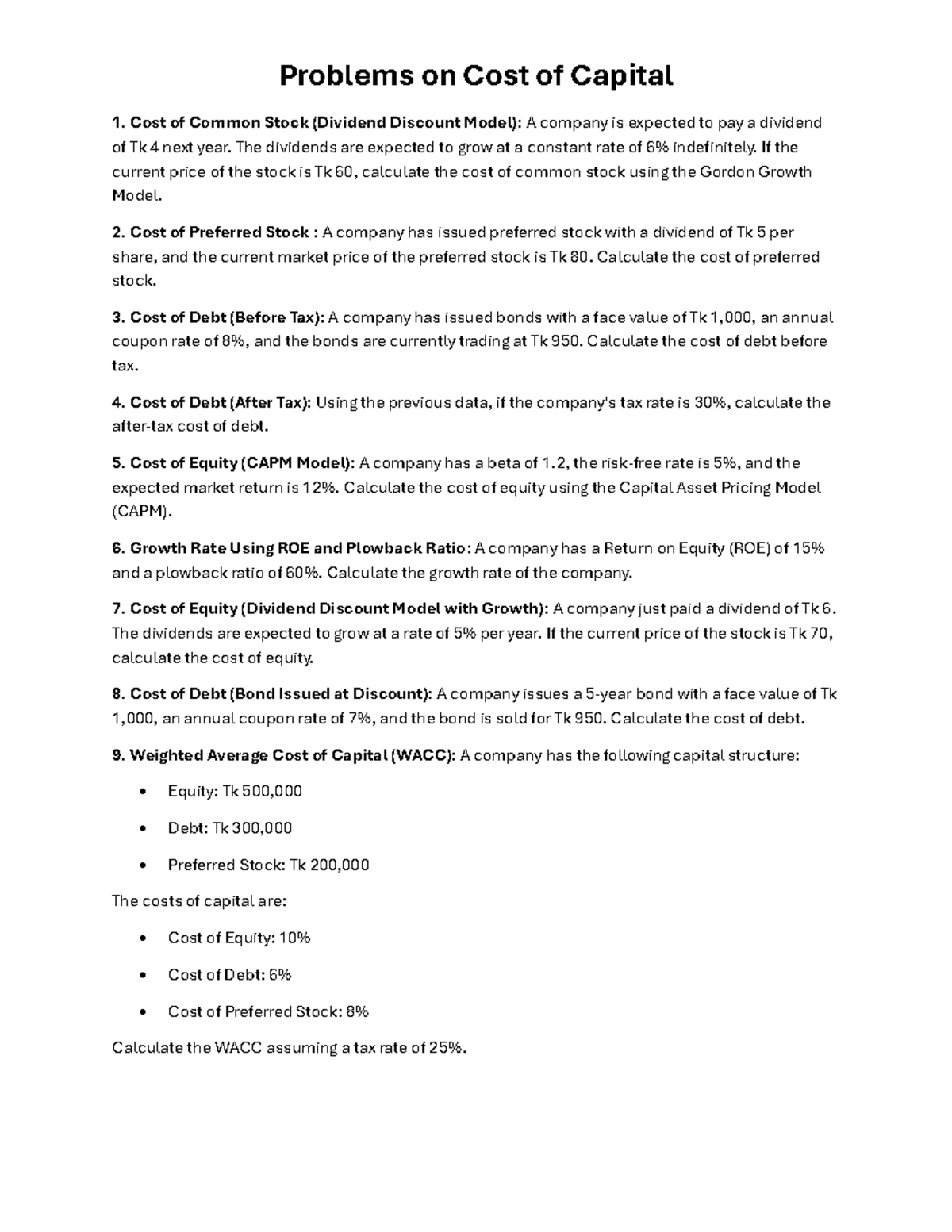 Problems on Cost of Capital: Comprehensive Analysis and Calculations ...