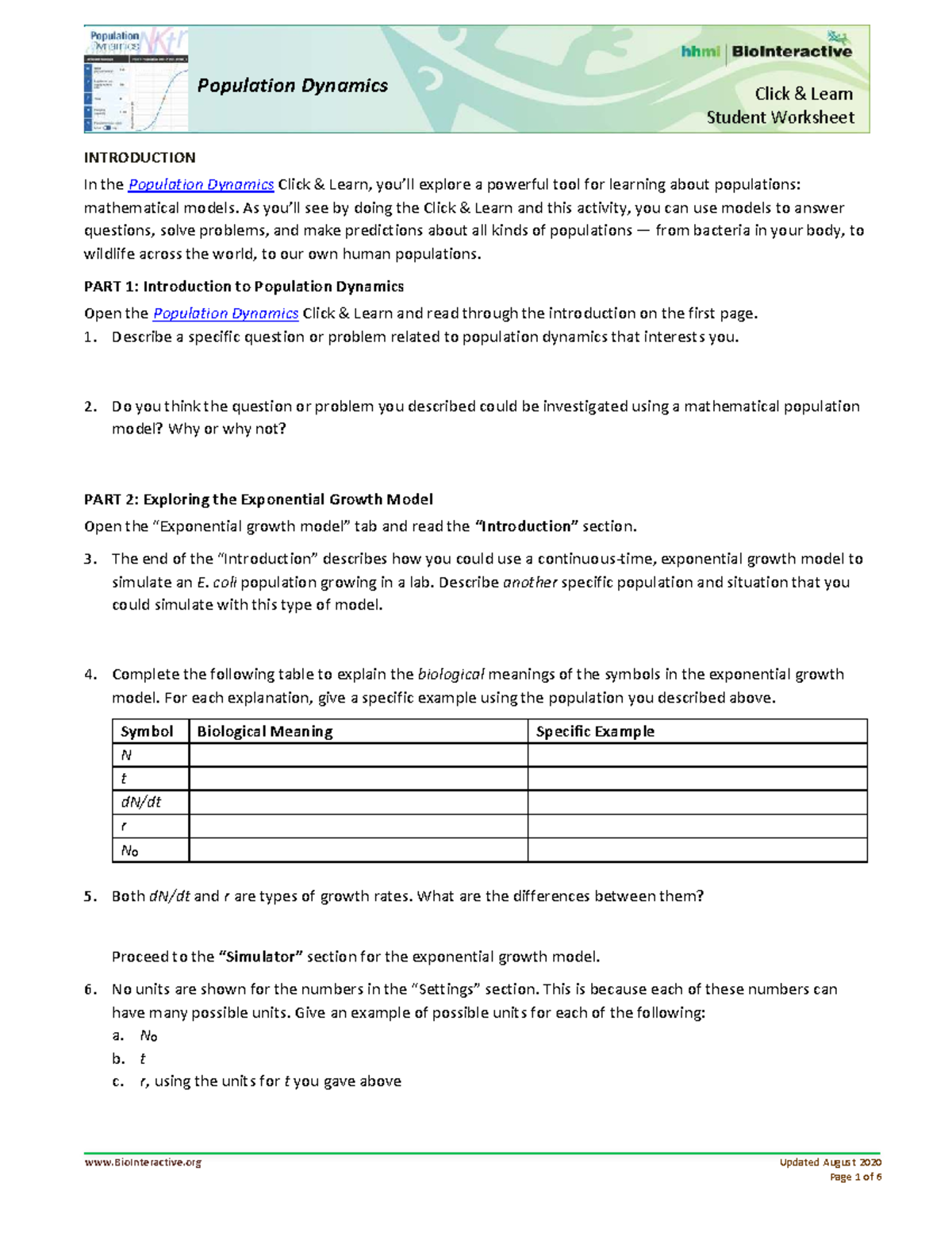 Population Dynamics Click Learn Student Worksheet: Exploring Growth ...