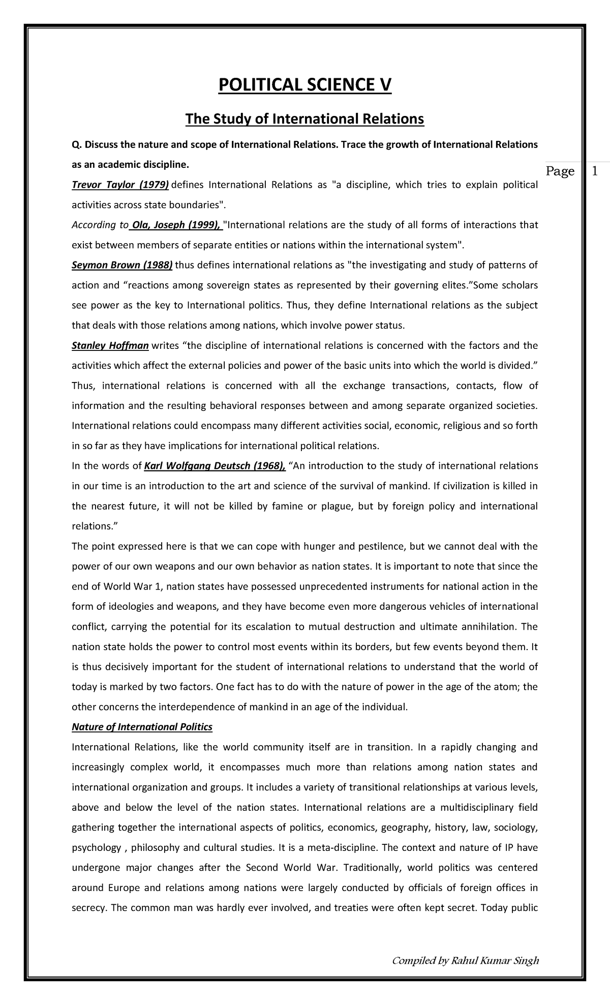 POLITICAL SCIENCE V: Nature and Scope of International Relations Notes ...