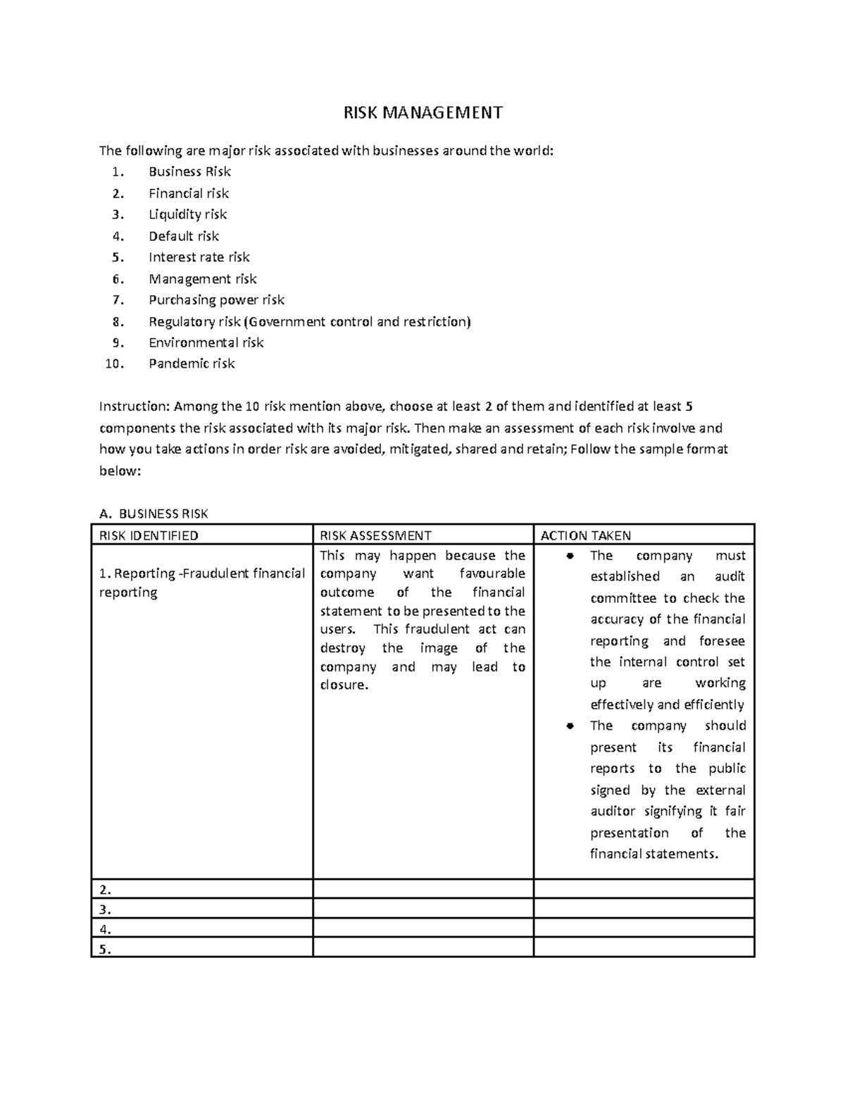 RISK Management - SEMI Final Exam Analysis and Assessment - Studocu