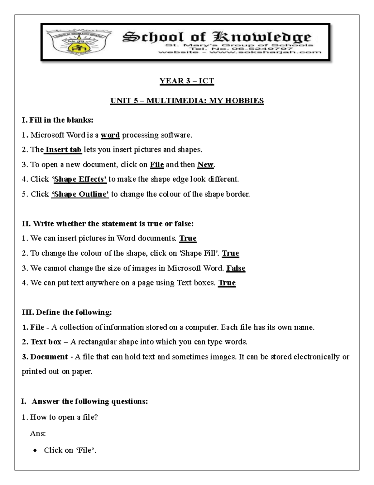 YEAR 3 ICT UNIT 5 MULTIMEDIA: MY HOBBIES - STUDY NOTES - Studocu