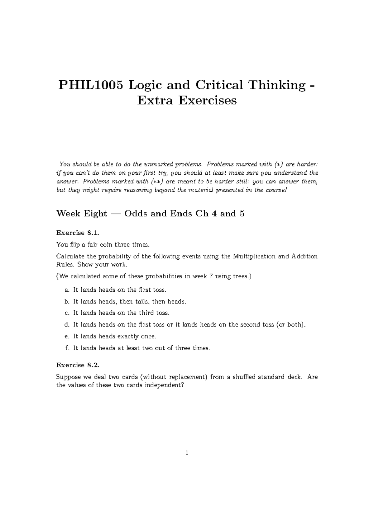 PHIL1005 Logic & Critical Thinking Week 8 Practice Questions - Studocu