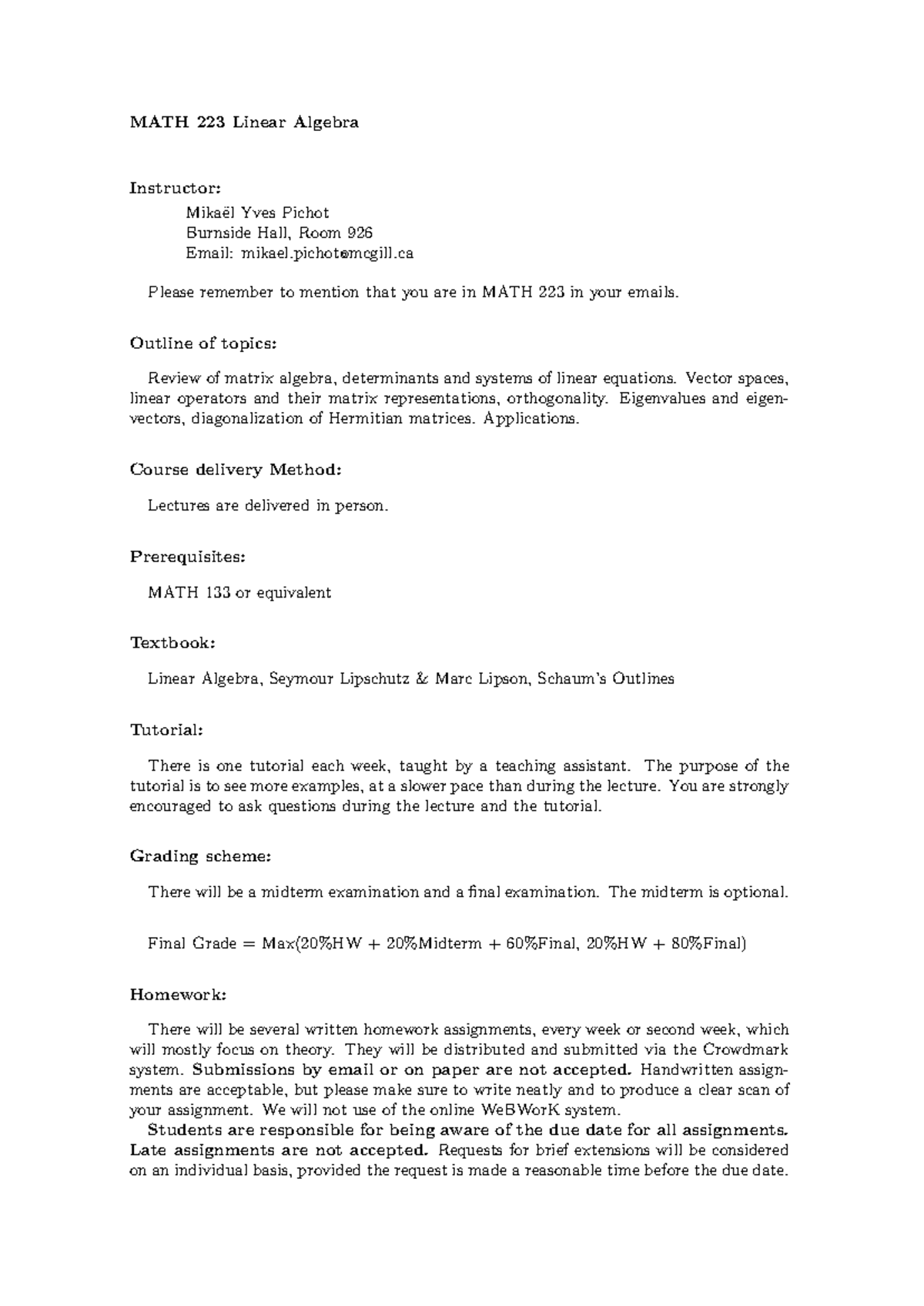 MATH 223 Winter 2026 Linear Algebra Course Syllabus - Studocu