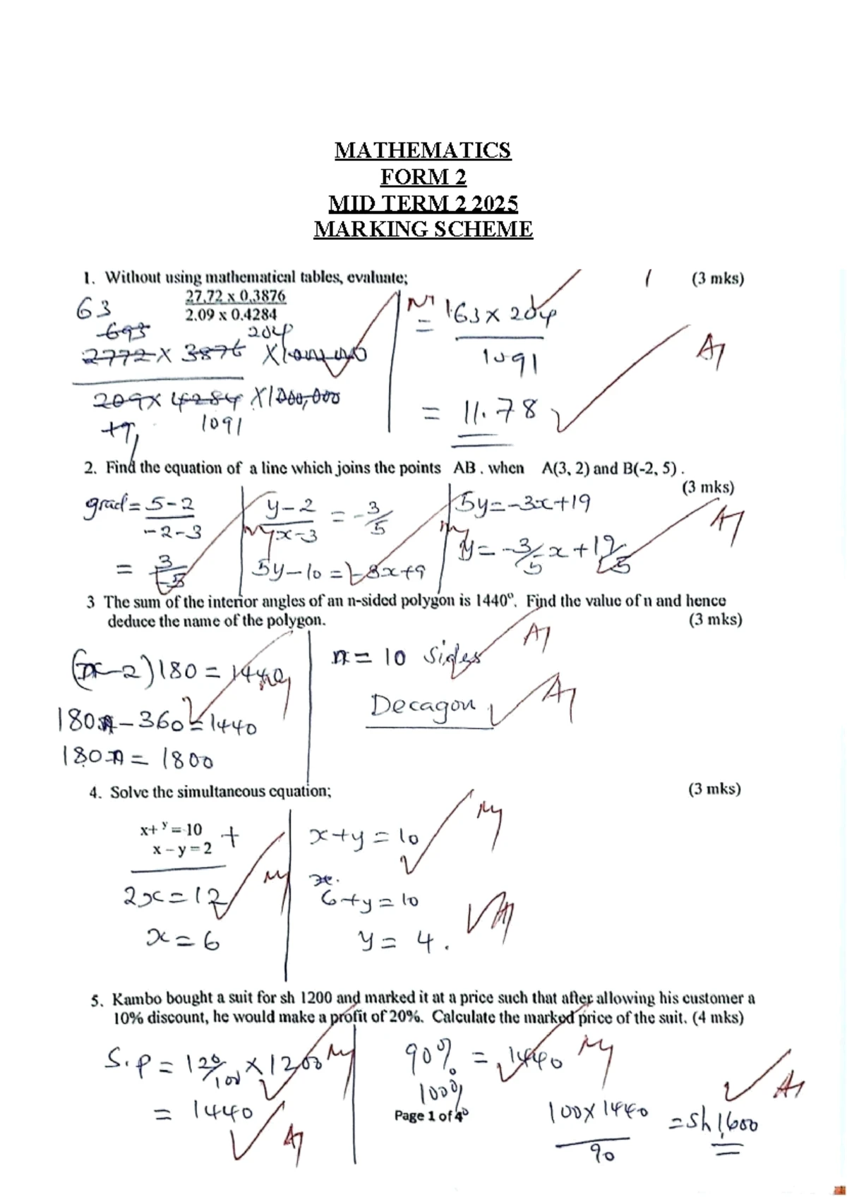 Mathematics Form Four Mid Term 2 Exam Questions - June 2025 - Studocu