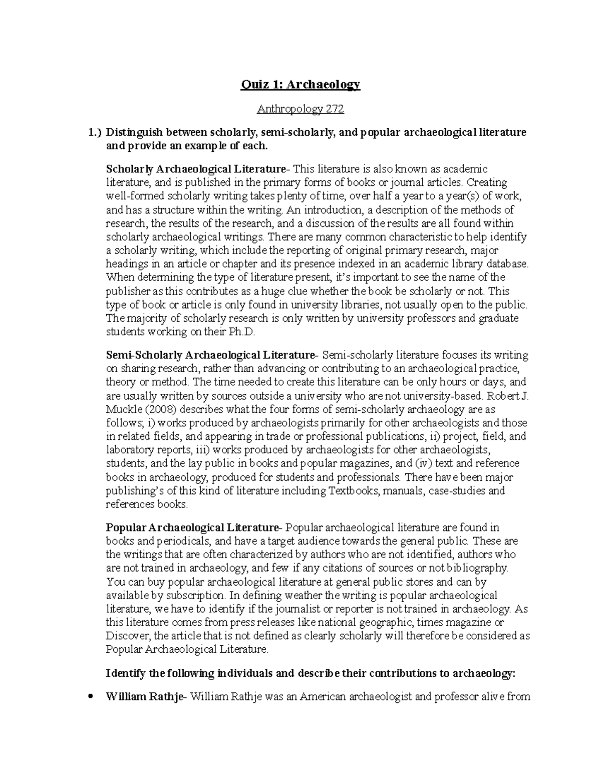 Quiz 1: Key Concepts in Archaeology - ANTHRO 272 - Studocu