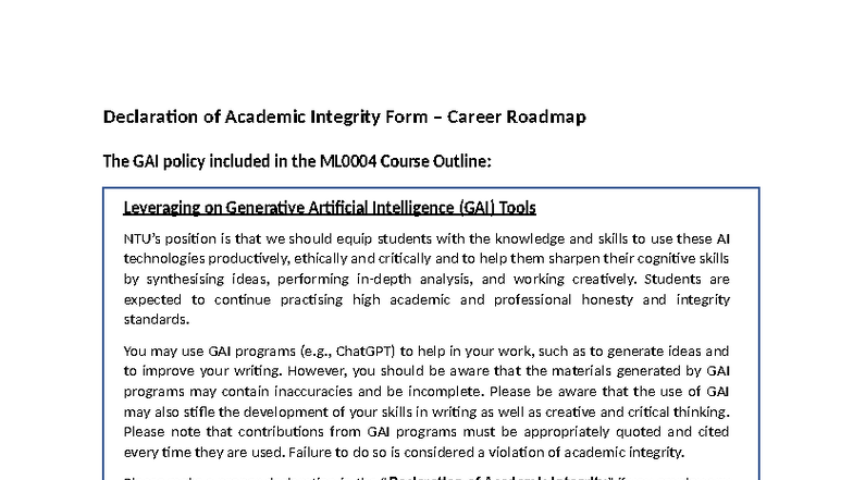 GAI Policy & Academic Integrity Declaration Form - Career Roadmap - Studocu