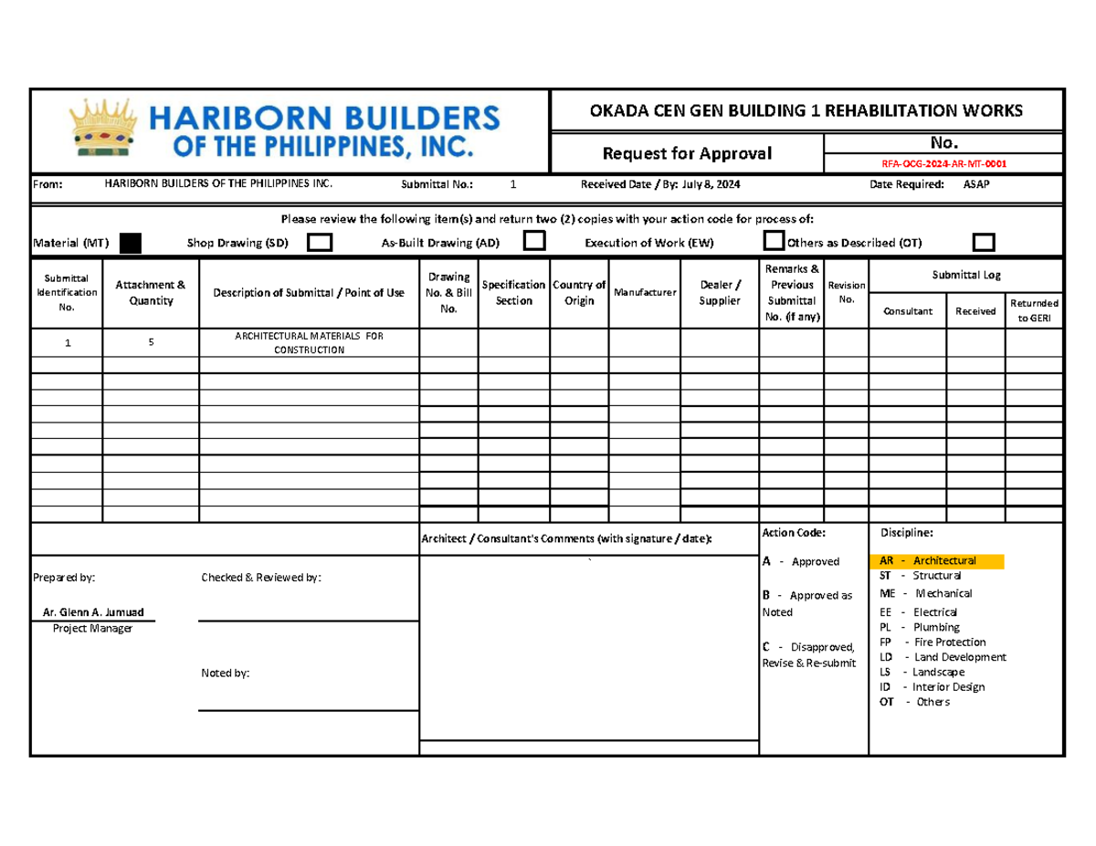 RFA Sample for Architectural Materials - Okada Cen Gen Building 1 - Studocu