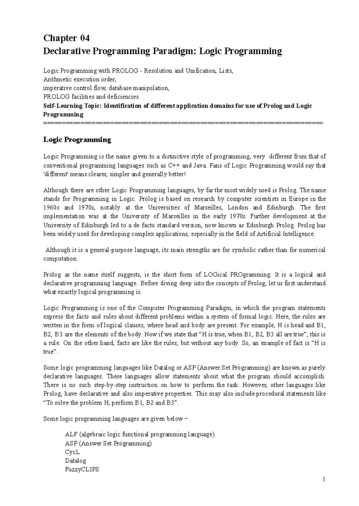 Chapter 04 PCPF - Logic Programming with PROLOG Notes - Studocu