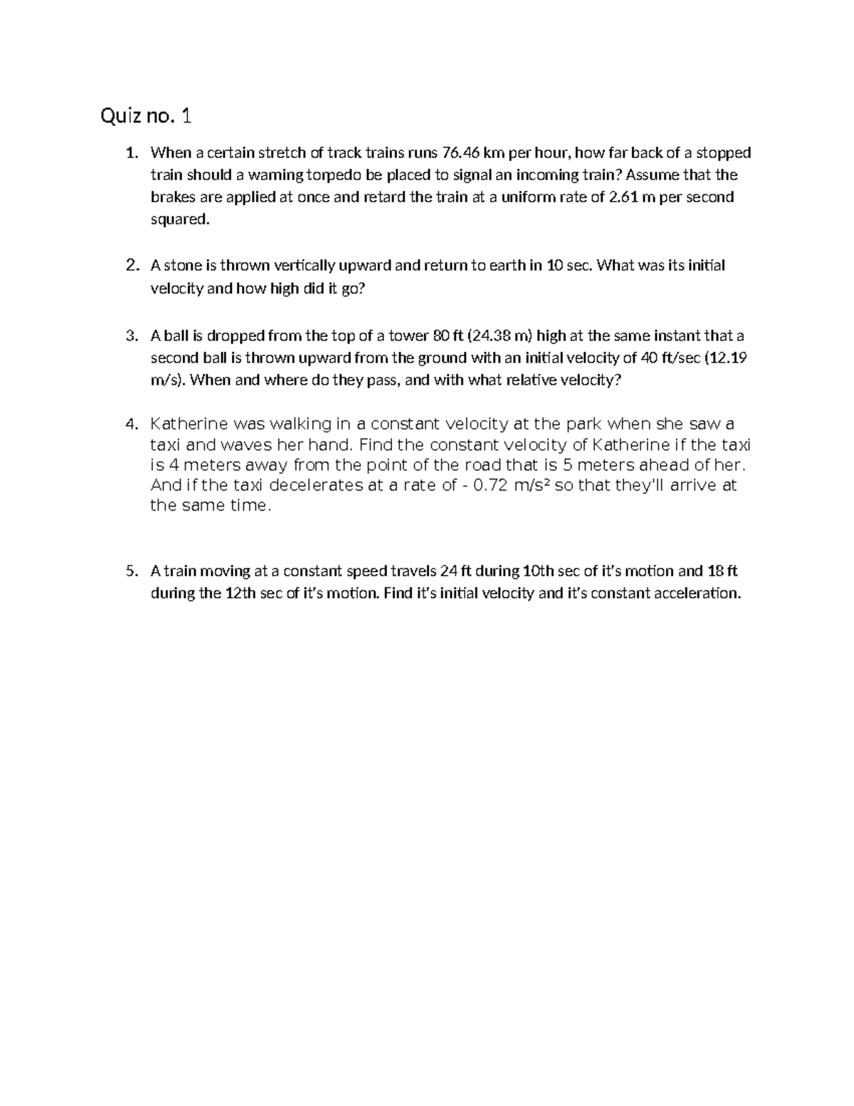 Quiz 1: Physics Problems on Motion and Velocity - Studocu