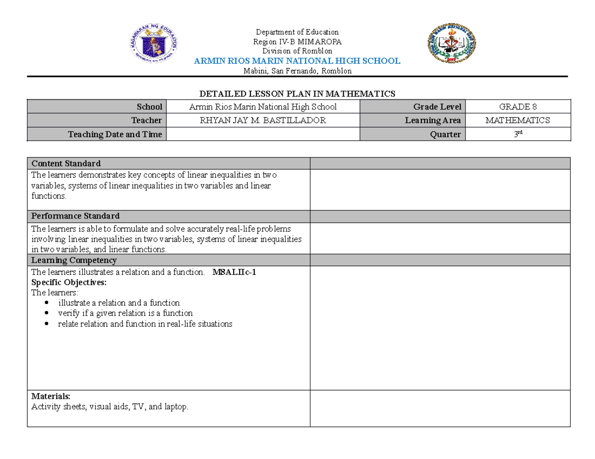 DLP-MATH-8-2023-2024-2-Understanding Relations and Functions - Studocu